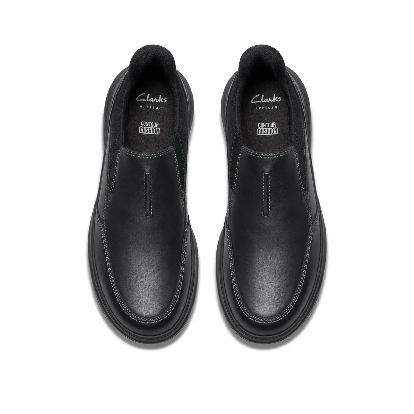 Pair of black leather slip-on business shoes with rounded toe and stitching detail