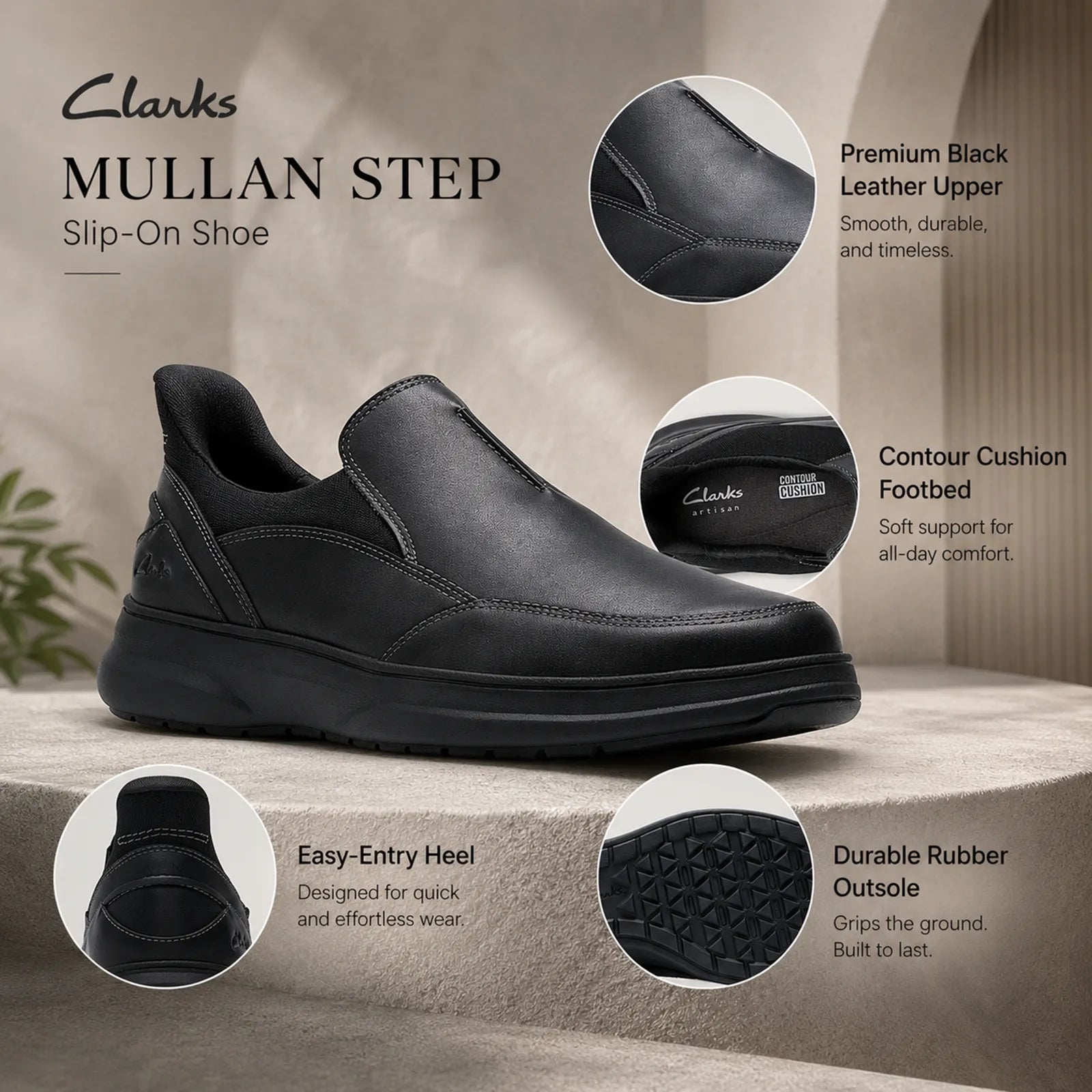Men's black leather slip-on business shoe with heel tab and textured outsole
