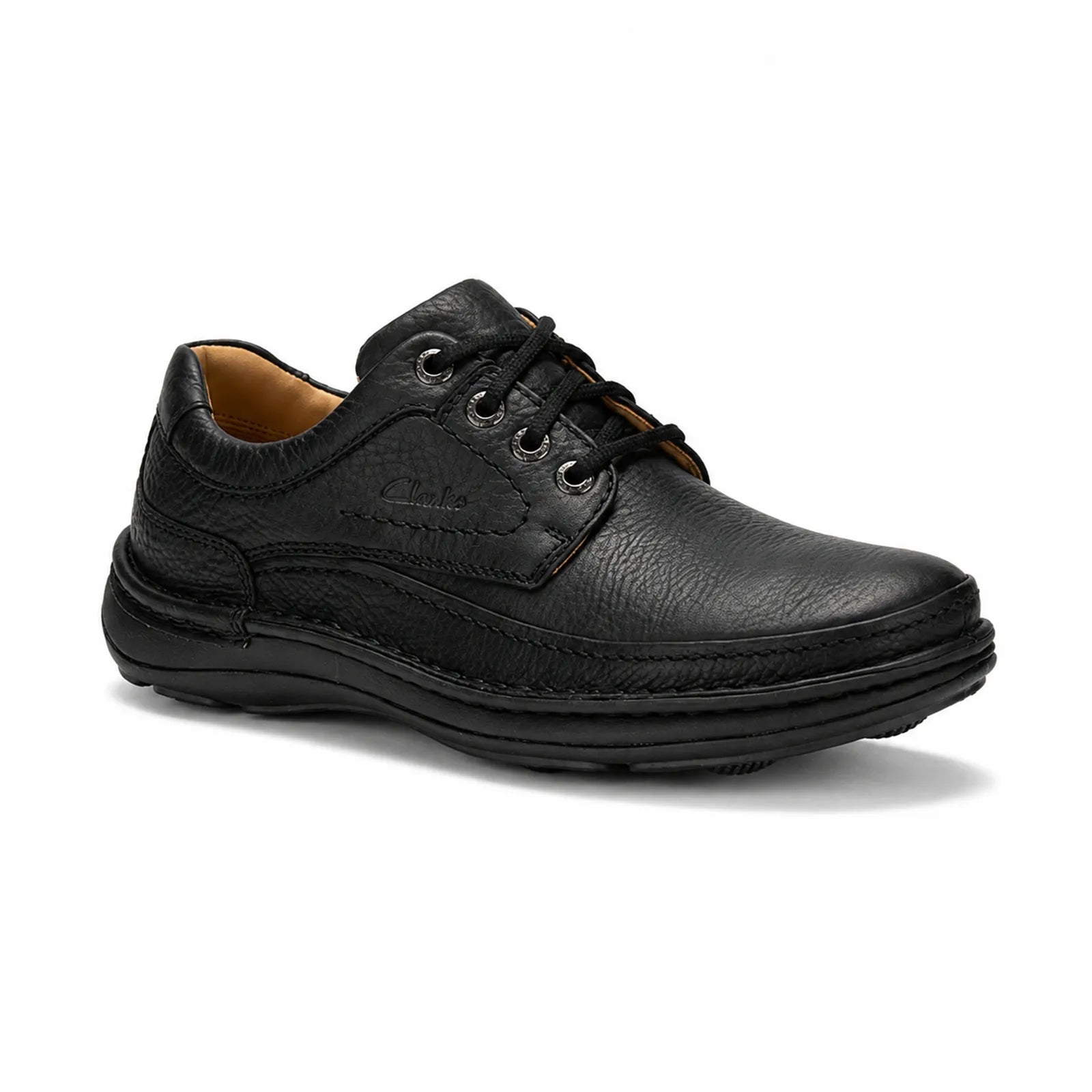 Men’s black leather lace-up business shoe with stitched overlays and dark rubber sole