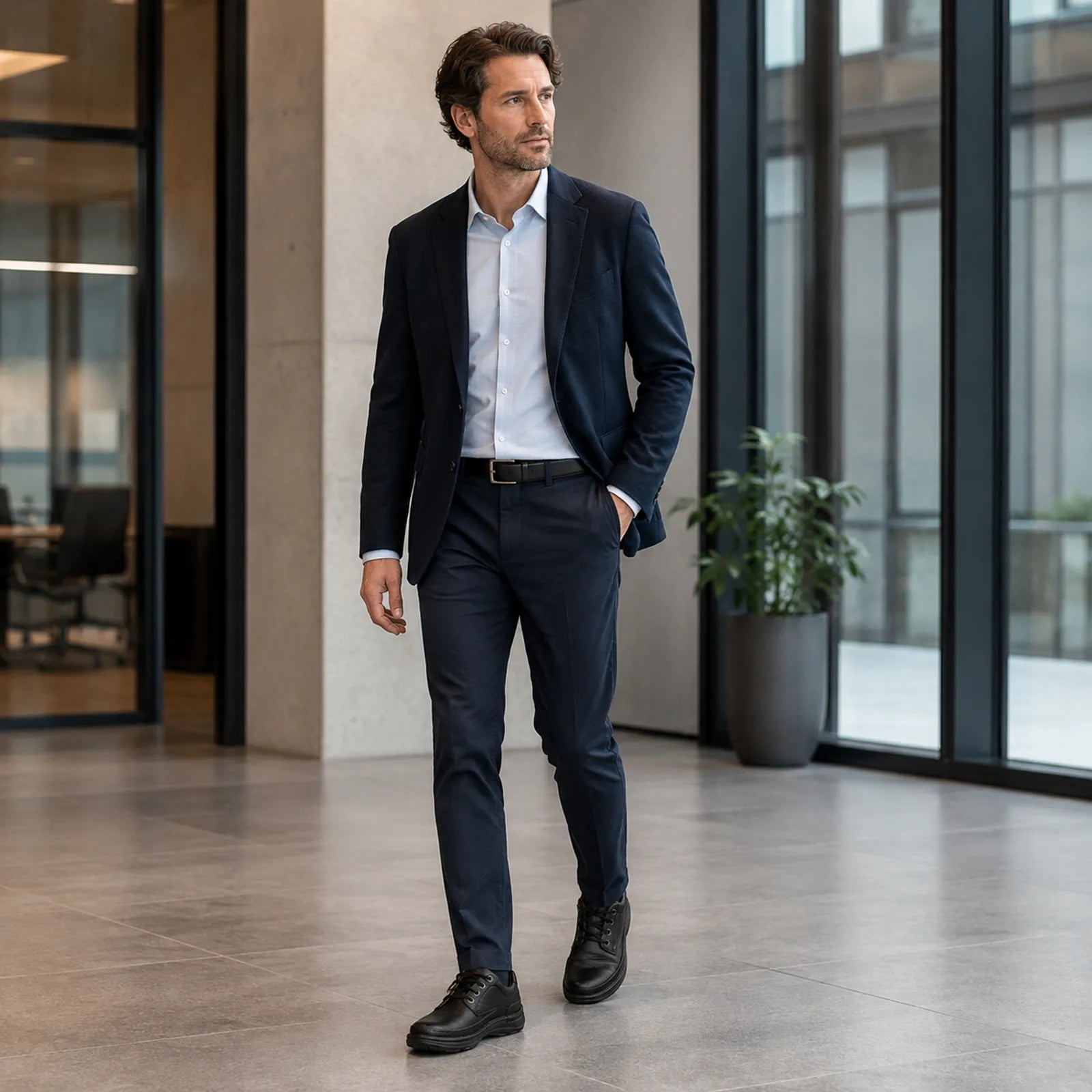Men’s black leather lace-up business shoes worn with a navy suit and dress pants