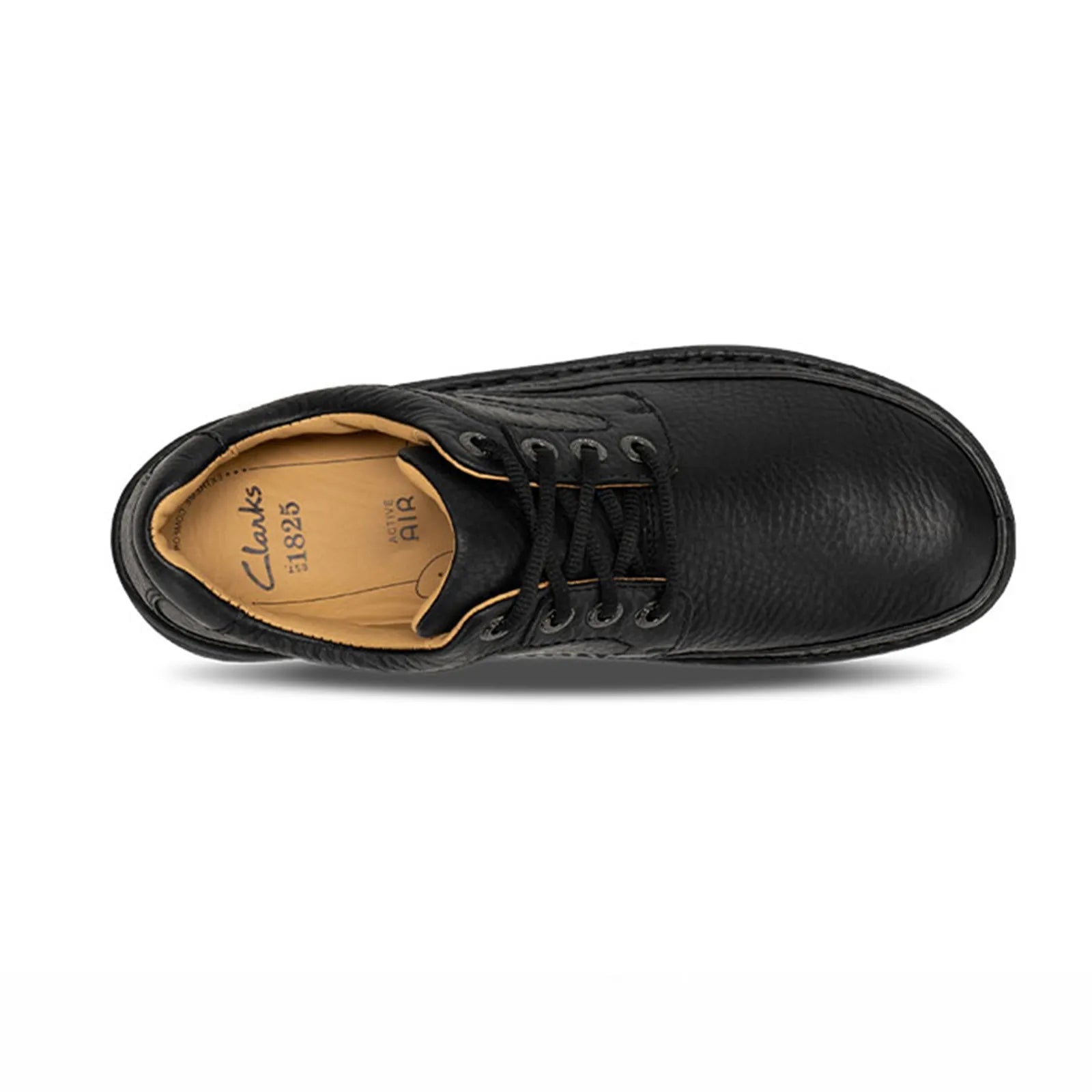 Men’s black leather lace-up business shoe with tan insole lining, top view