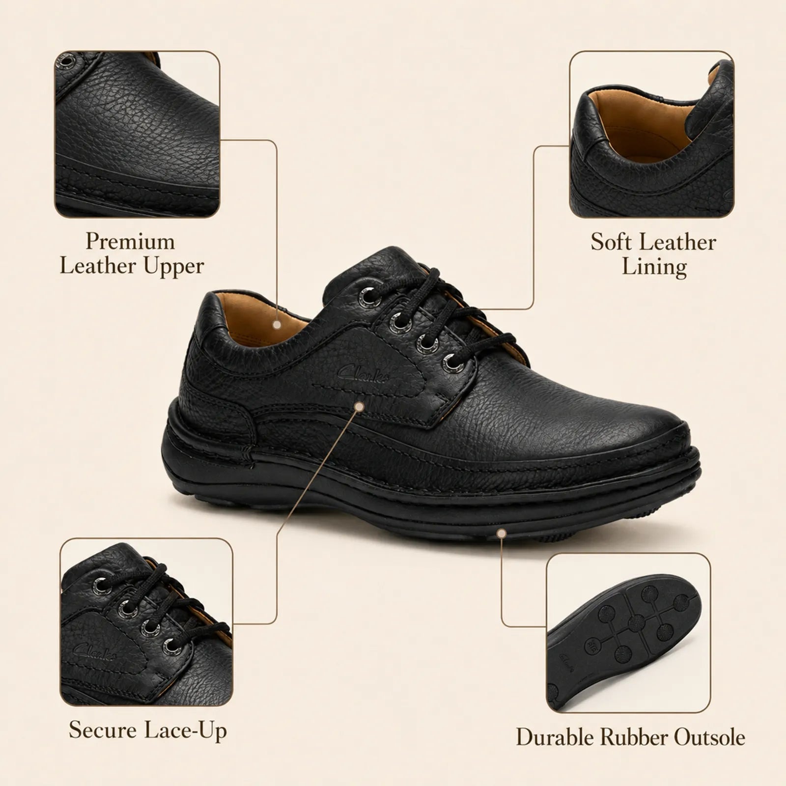 Men's black leather business shoes, lace-up with cushioned rubber outsole detail