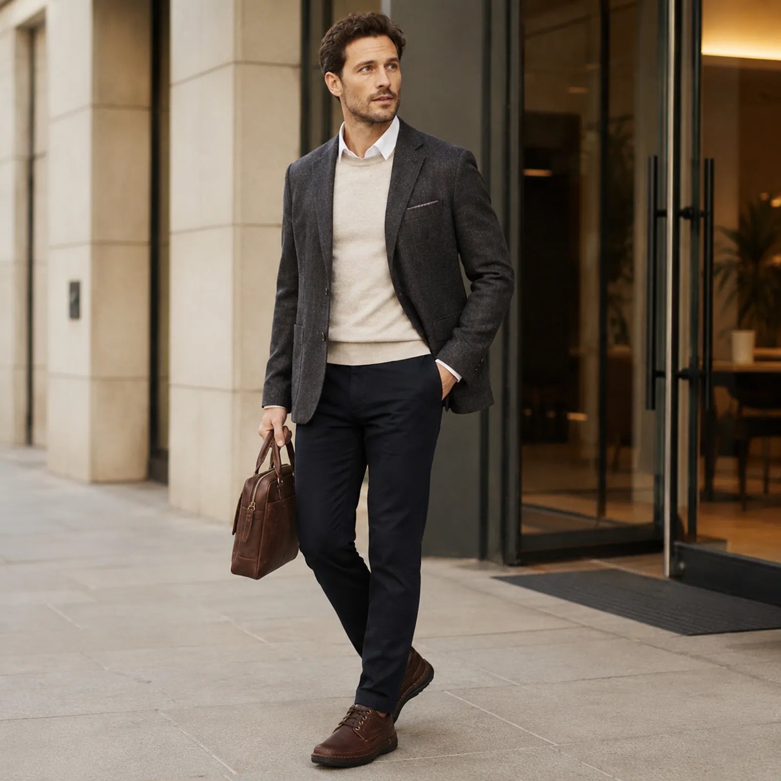 Men’s brown lace-up leather business shoes worn with a dark suit pant