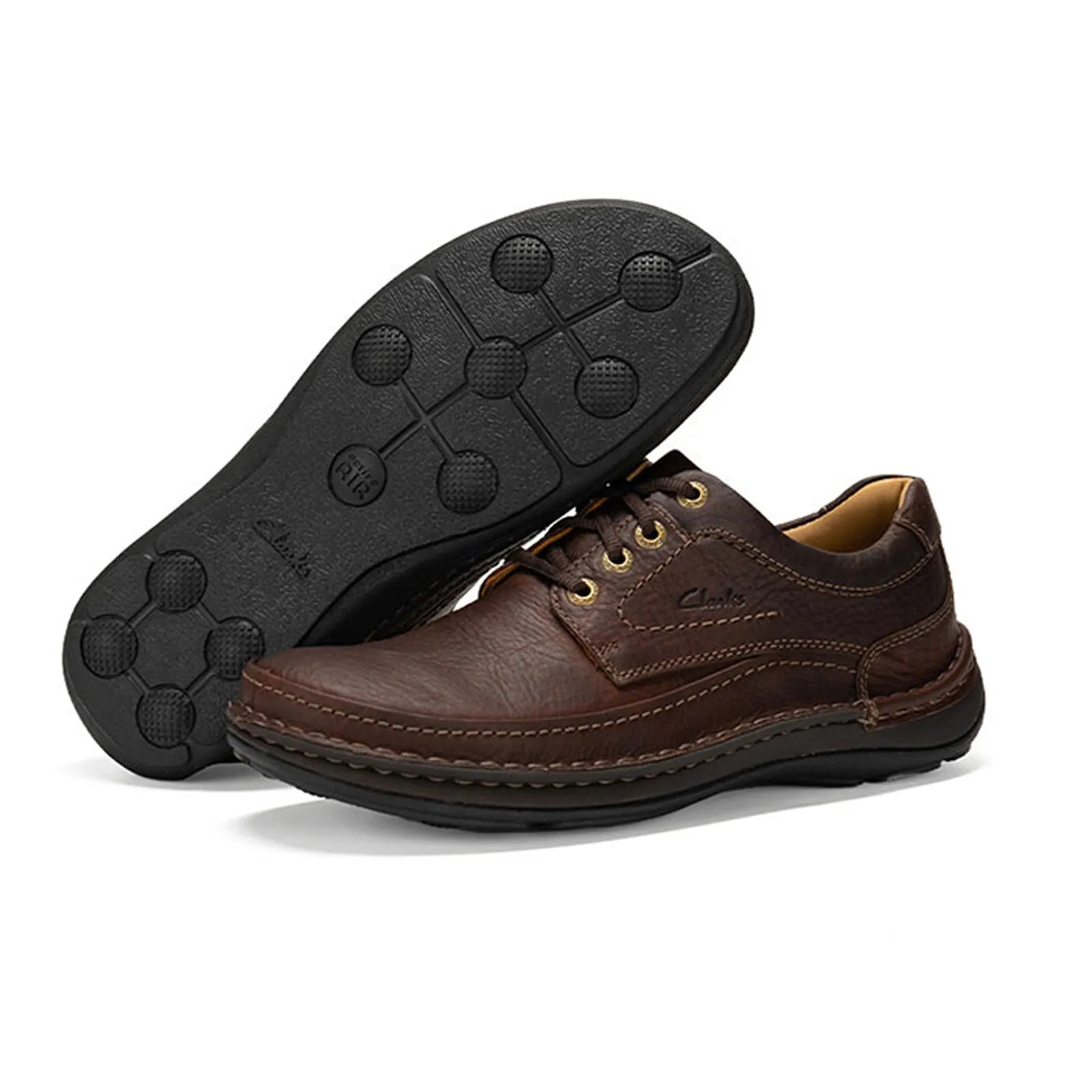 Men’s brown leather lace-up business shoe with textured rubber sole, heel-to-toe view