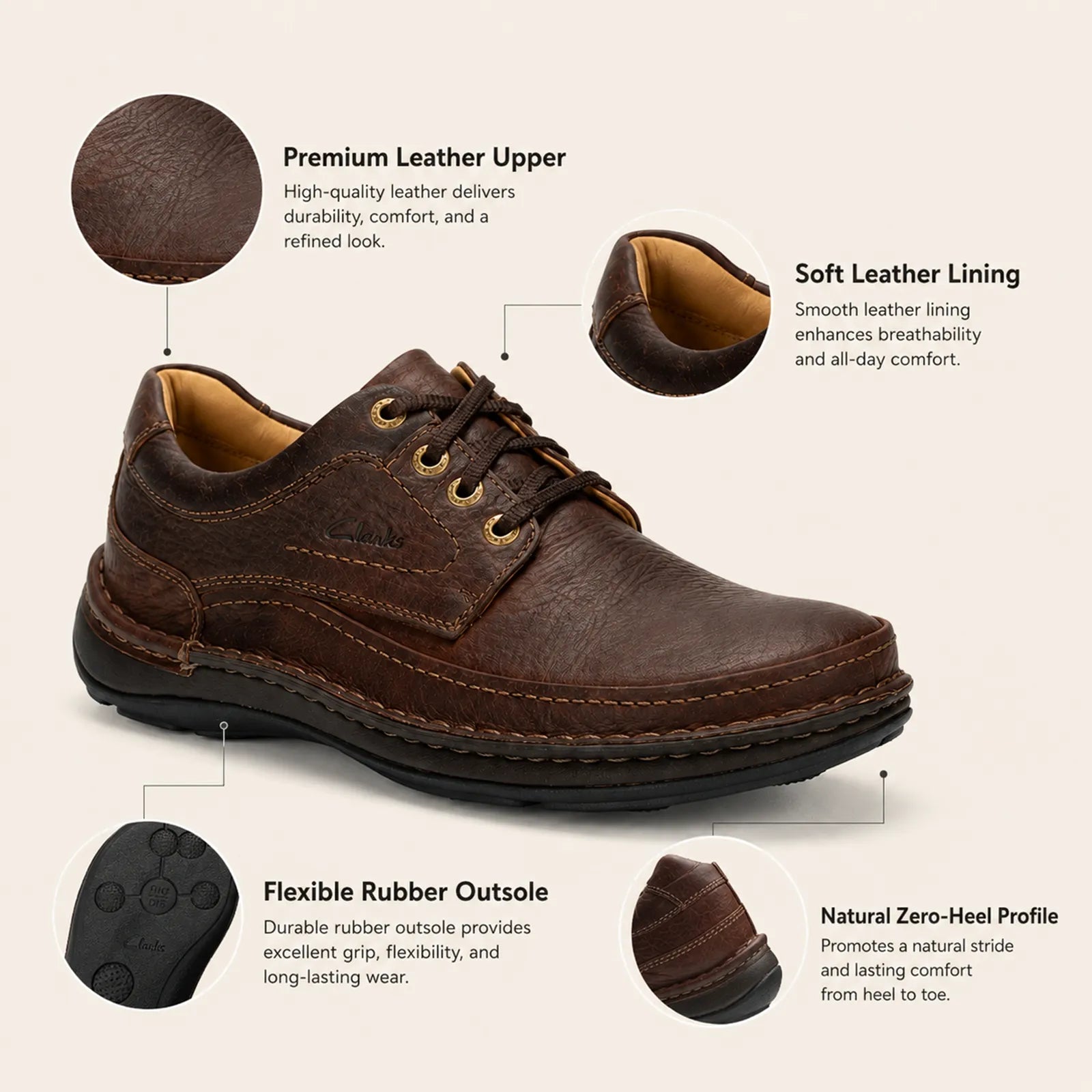 Men’s brown leather lace-up business shoe with tan lining and flexible rubber outsole