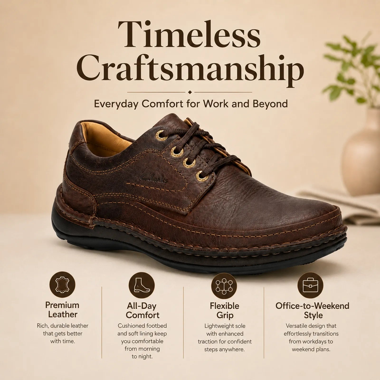 Men’s brown leather lace-up business shoe with cushioned collar and low rubber sole