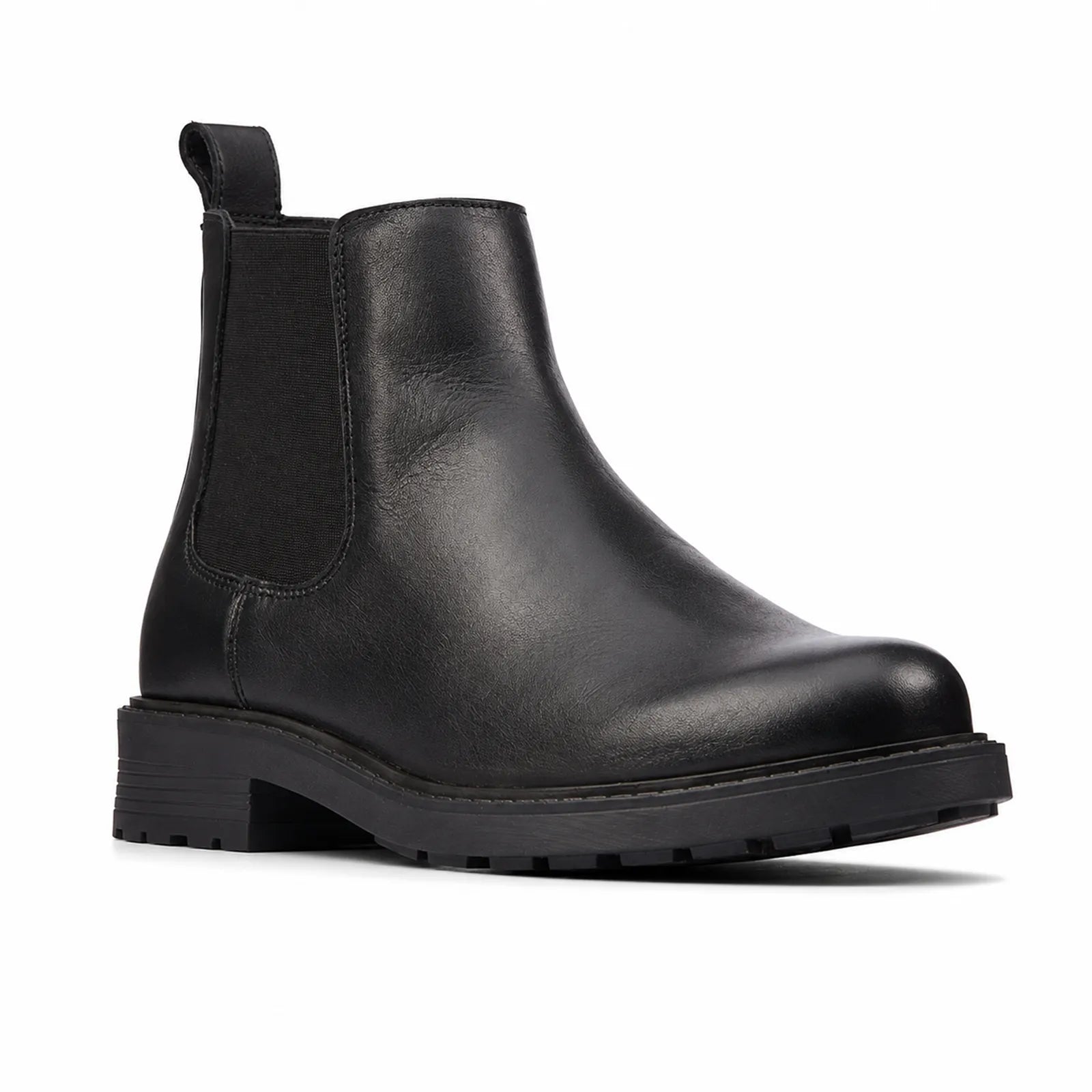Women’s black leather Chelsea boot with elastic side gore and treaded rubber sole