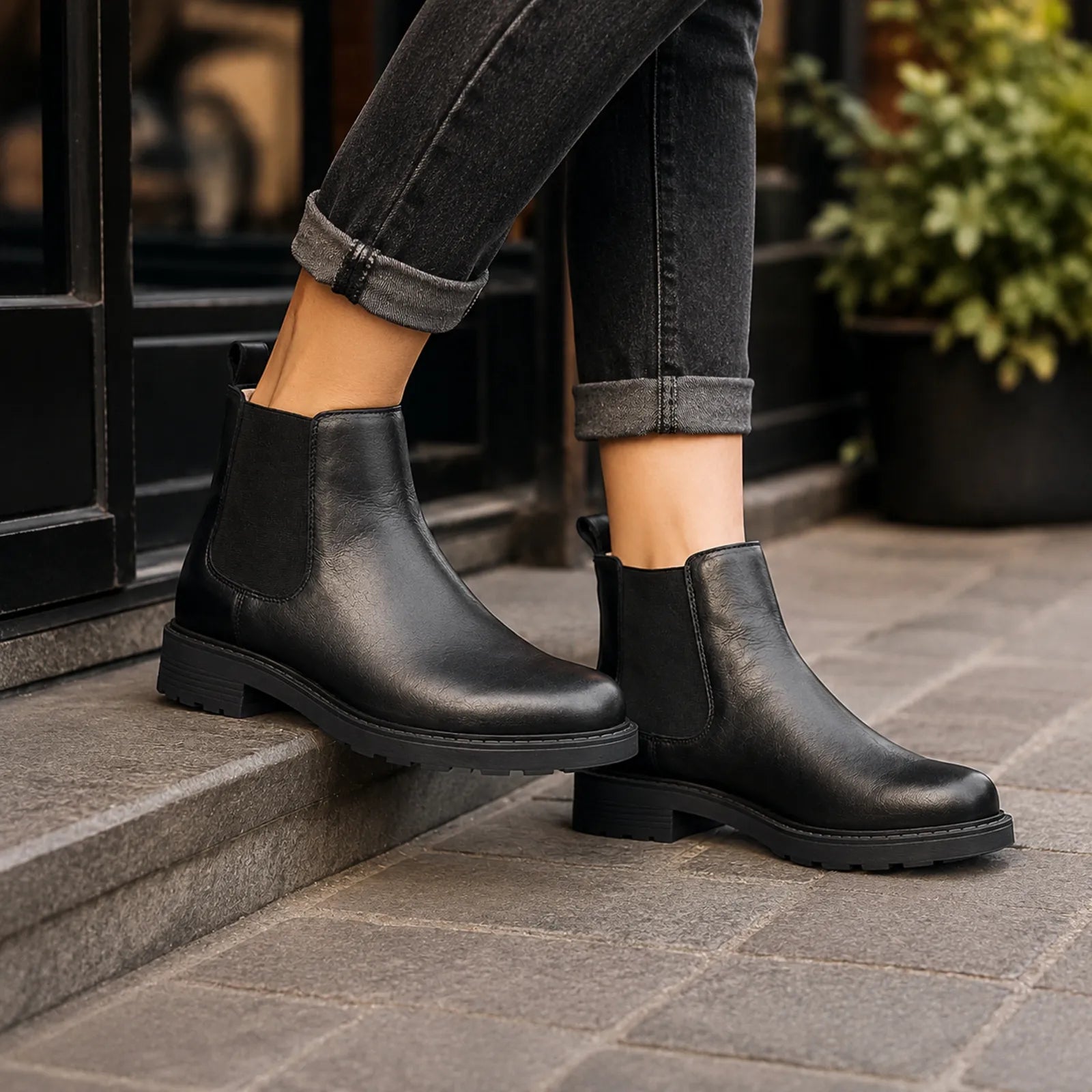 Women’s black leather Chelsea boots with elastic side panels and chunky platform sole