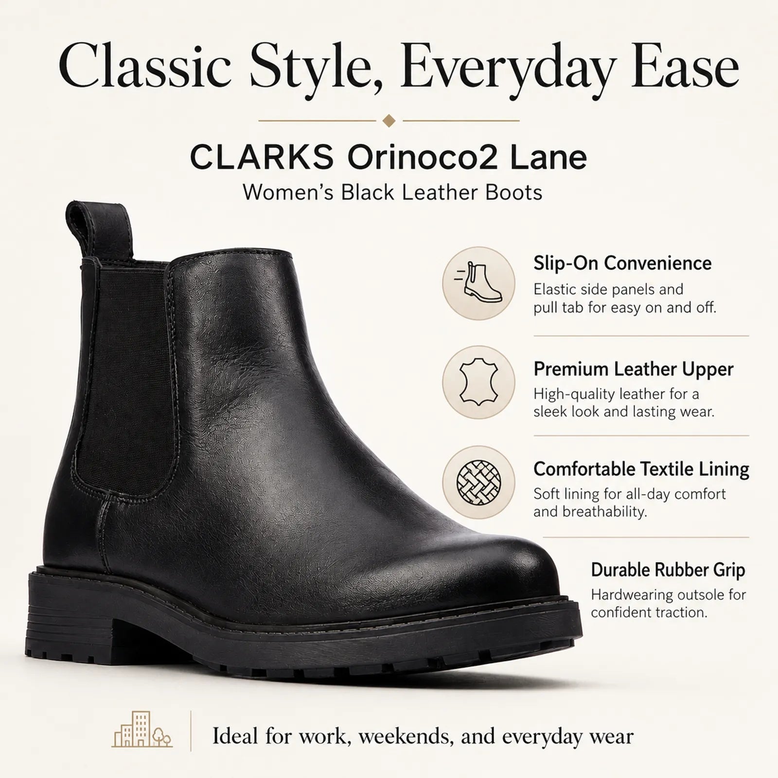 Women’s black leather Chelsea boot with elastic gore and rubber grip outsole, side view