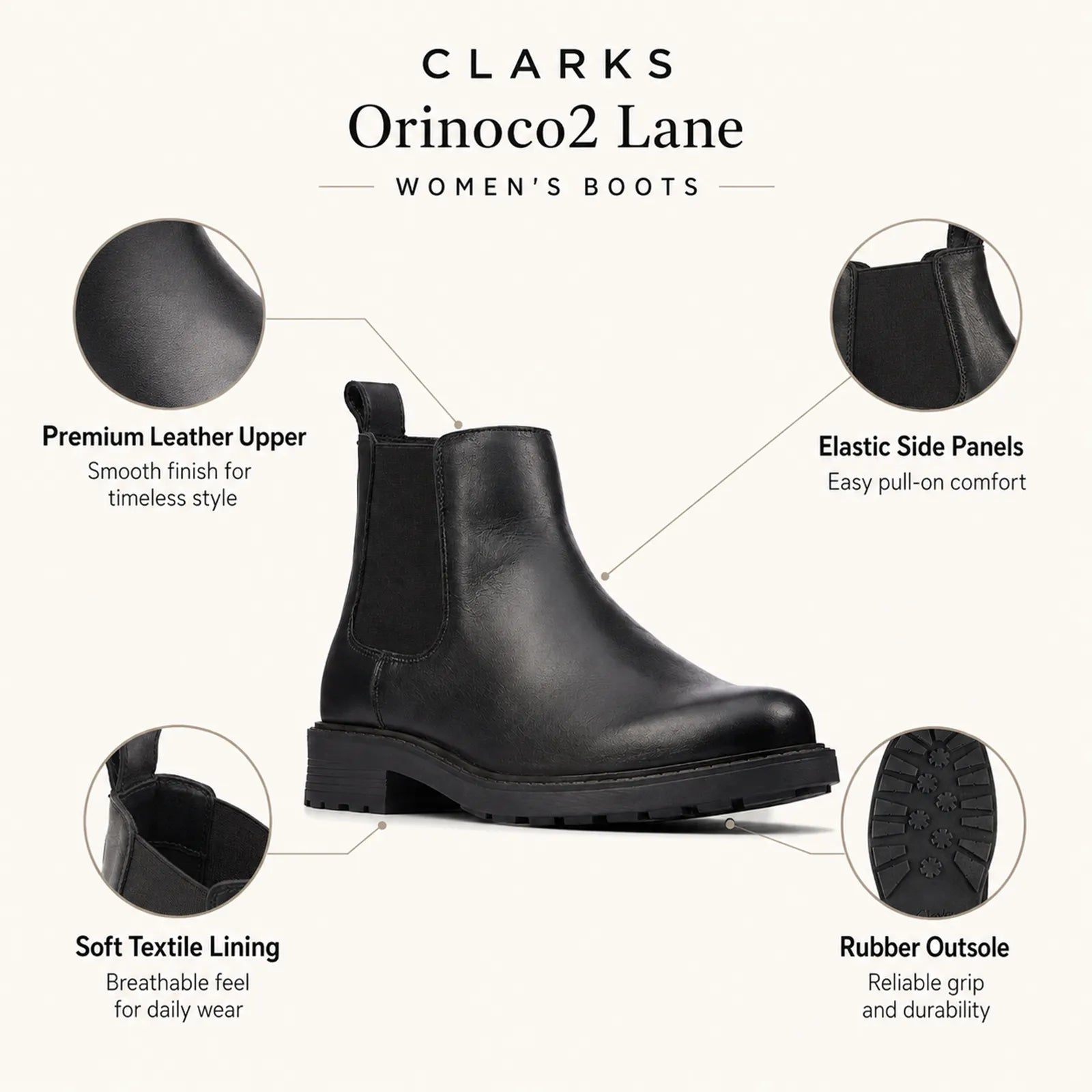 Women’s black leather Chelsea boot product graphic with elastic side panels and rubber outsole