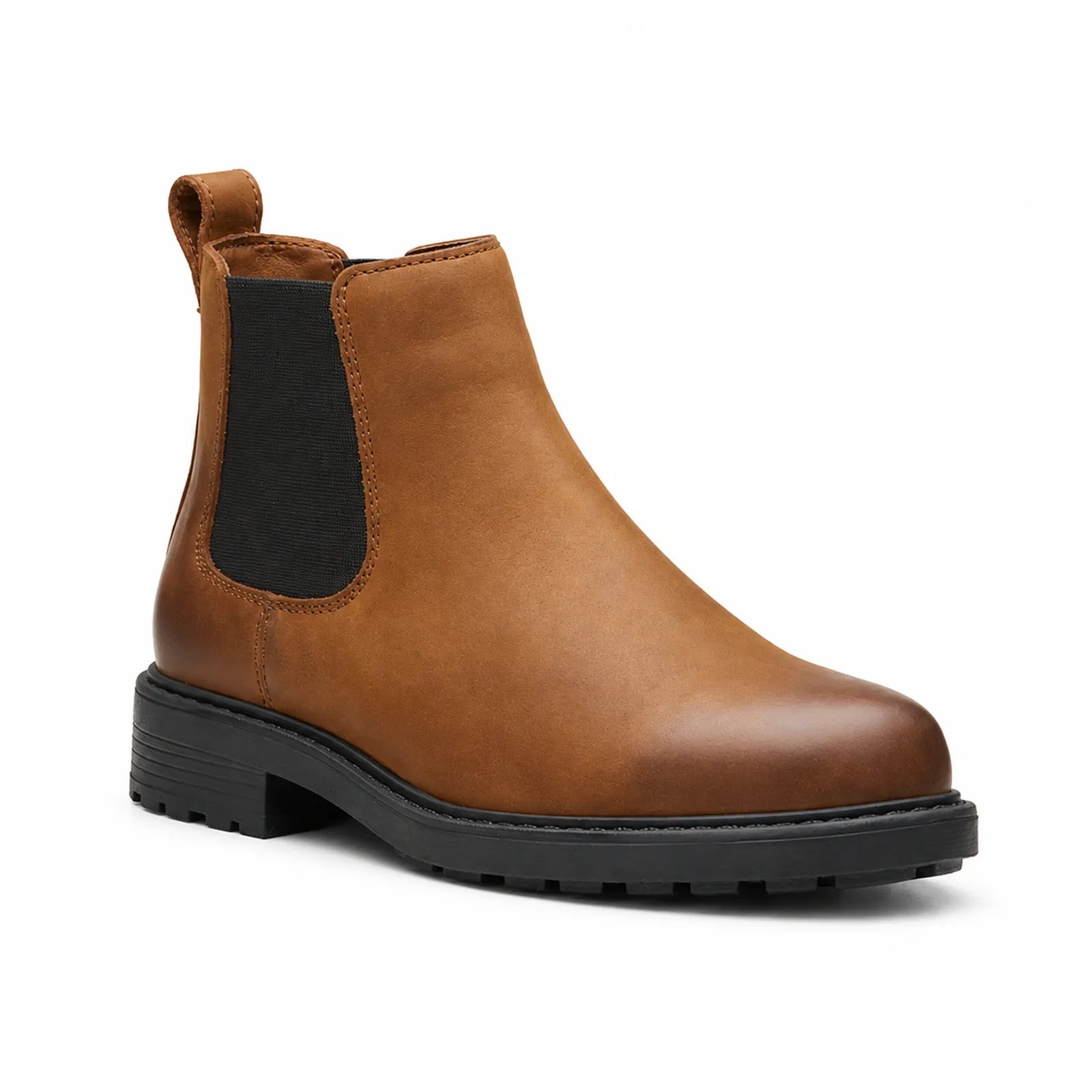 Women’s brown leather Chelsea boot with elastic side gore and rugged rubber sole