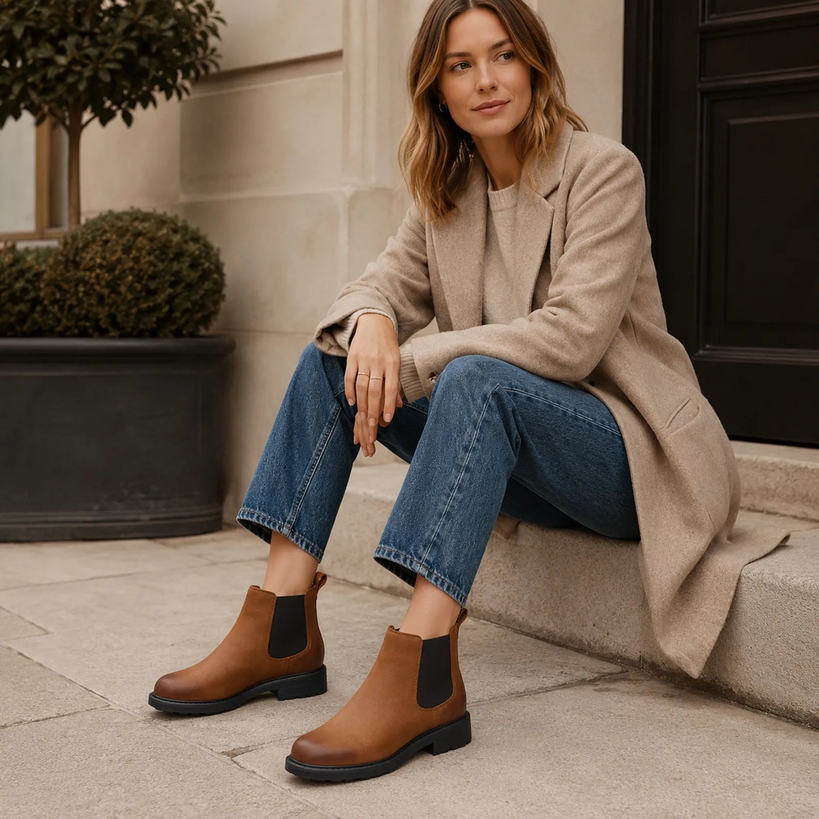 Women's Chelsea boots with elastic side panels and low block heel, leather upper