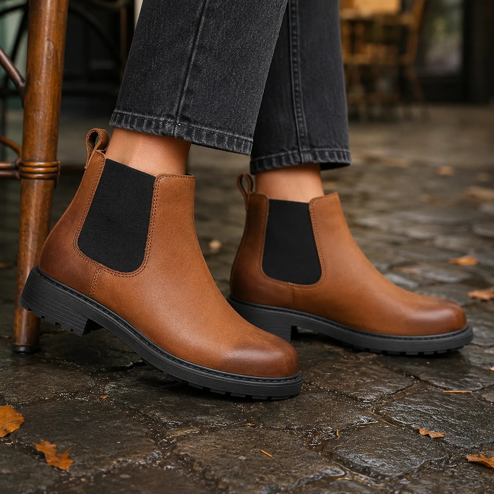 Women’s brown leather Chelsea boots with elastic side panels and treaded outsole