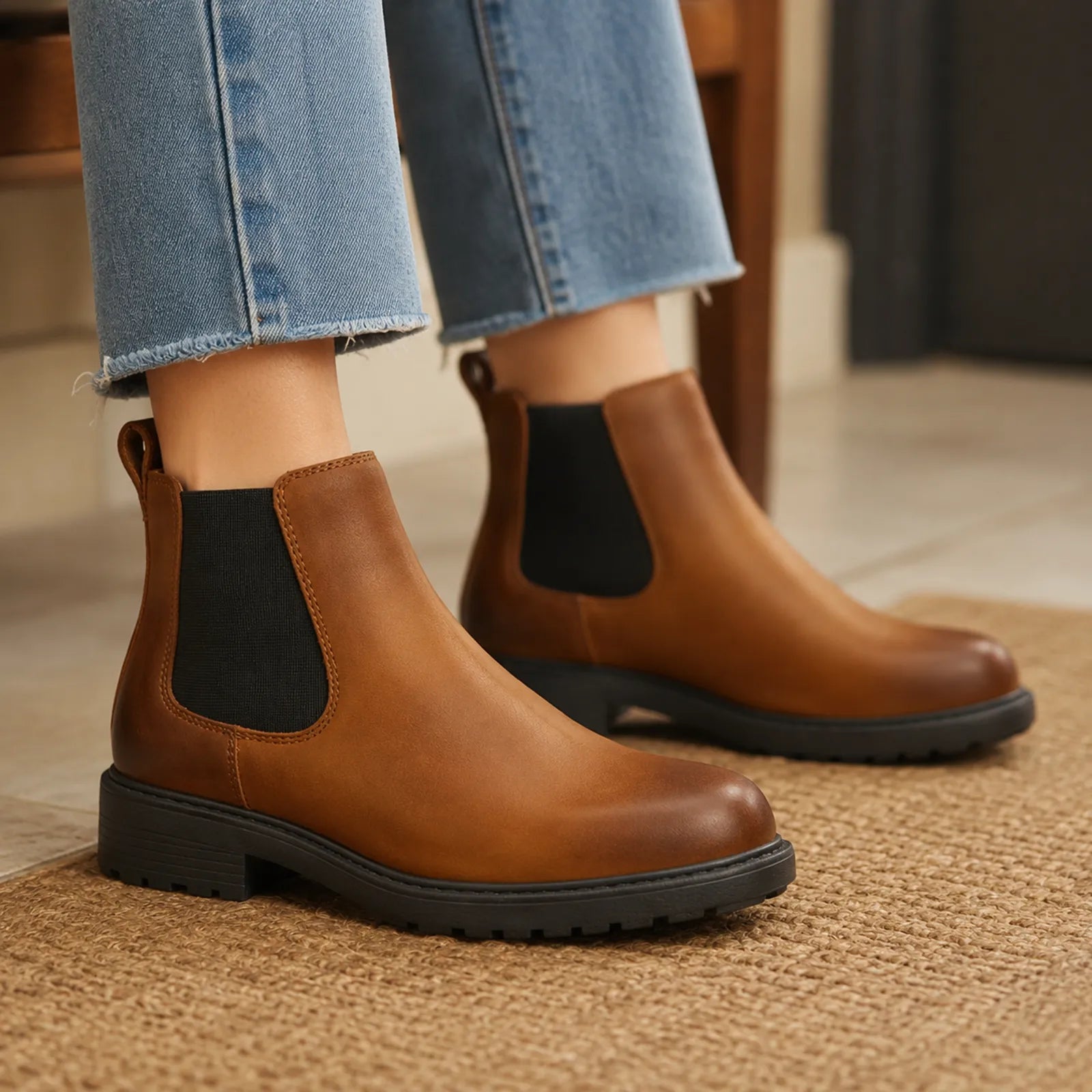 Women’s brown leather Chelsea boots with elastic side gores and chunky rubber sole