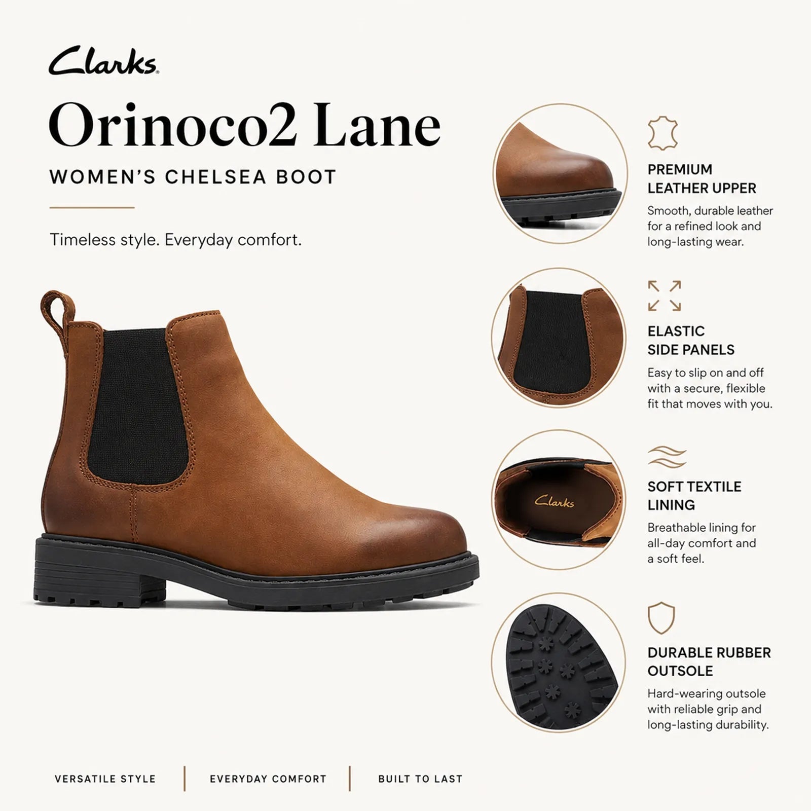 Women's Chelsea boot profile with elastic side panels and dark rubber outsole