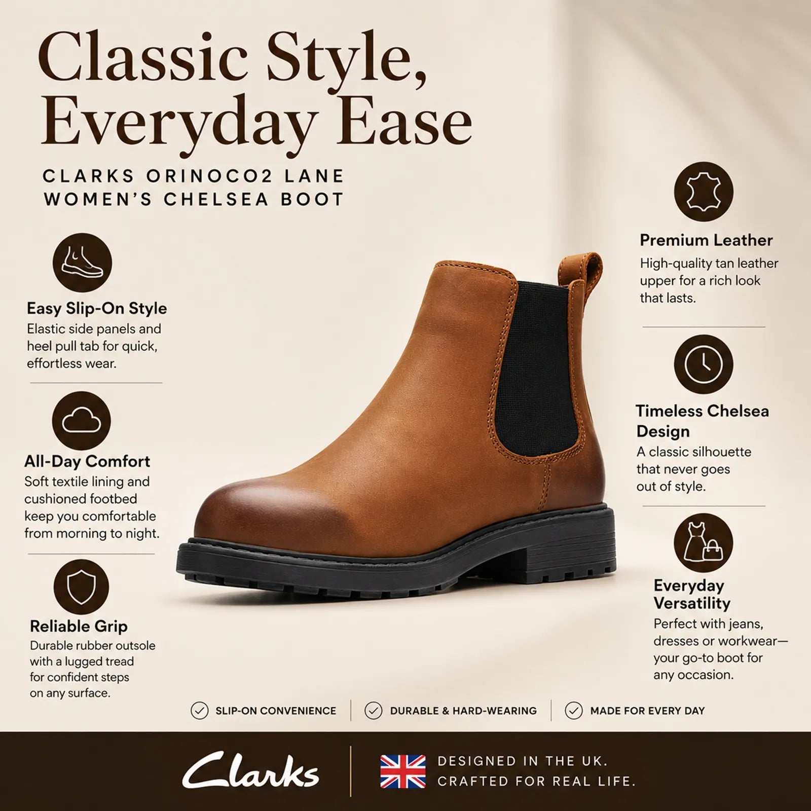 Women's Chelsea boot with elastic side gore and leather upper on product display