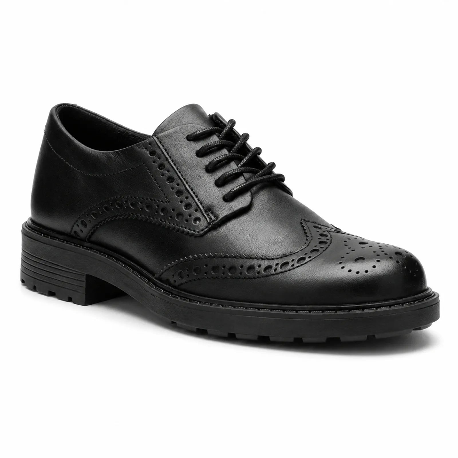 Black leather brogue lace-up shoes with perforated detail and chunky sole.