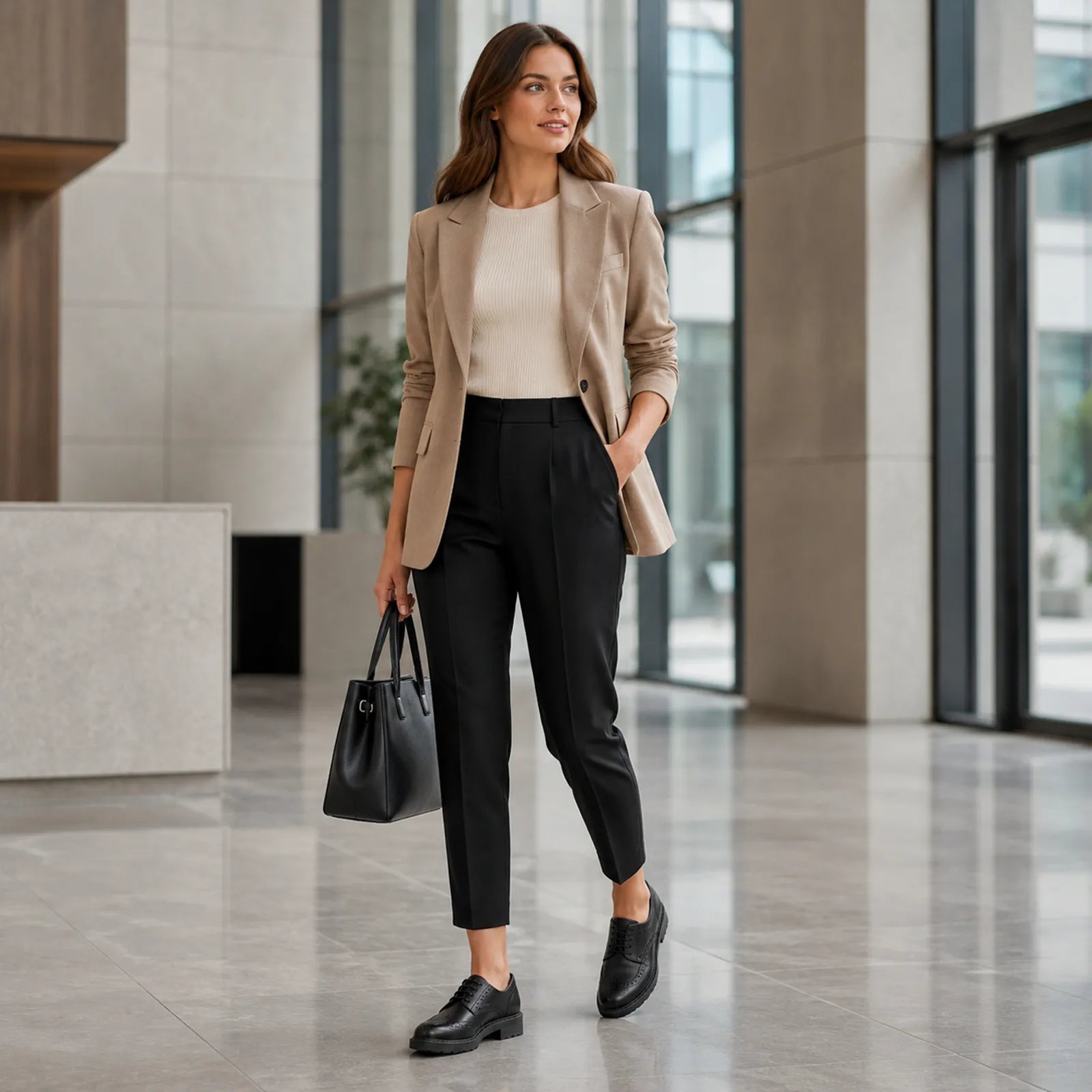 Black leather brogue lace-up shoes worn with black trousers and a blazer.