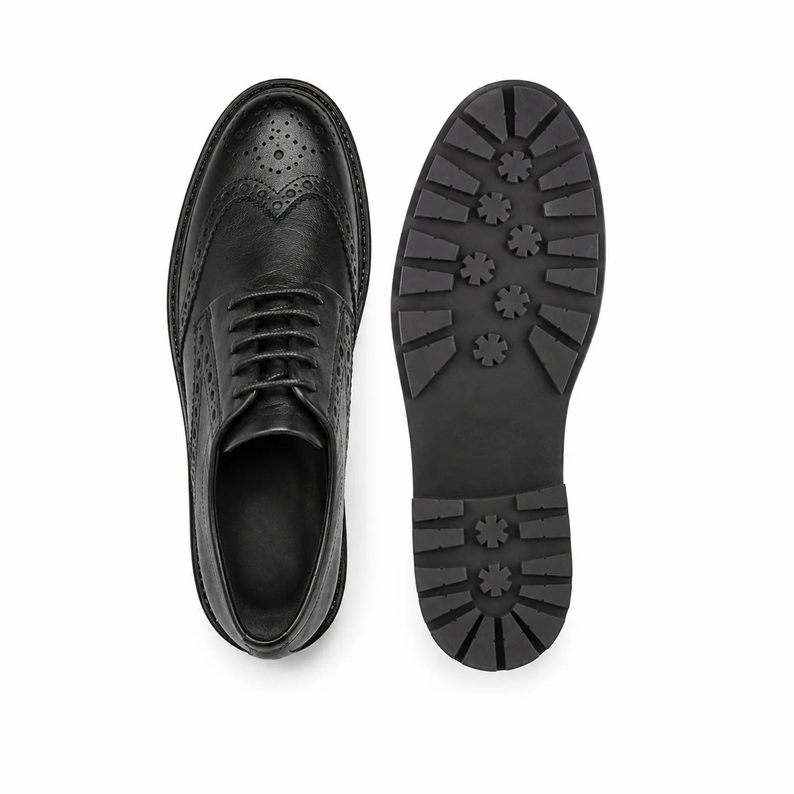 Pair of black leather brogue shoes with lace-up upper and tread outsole.