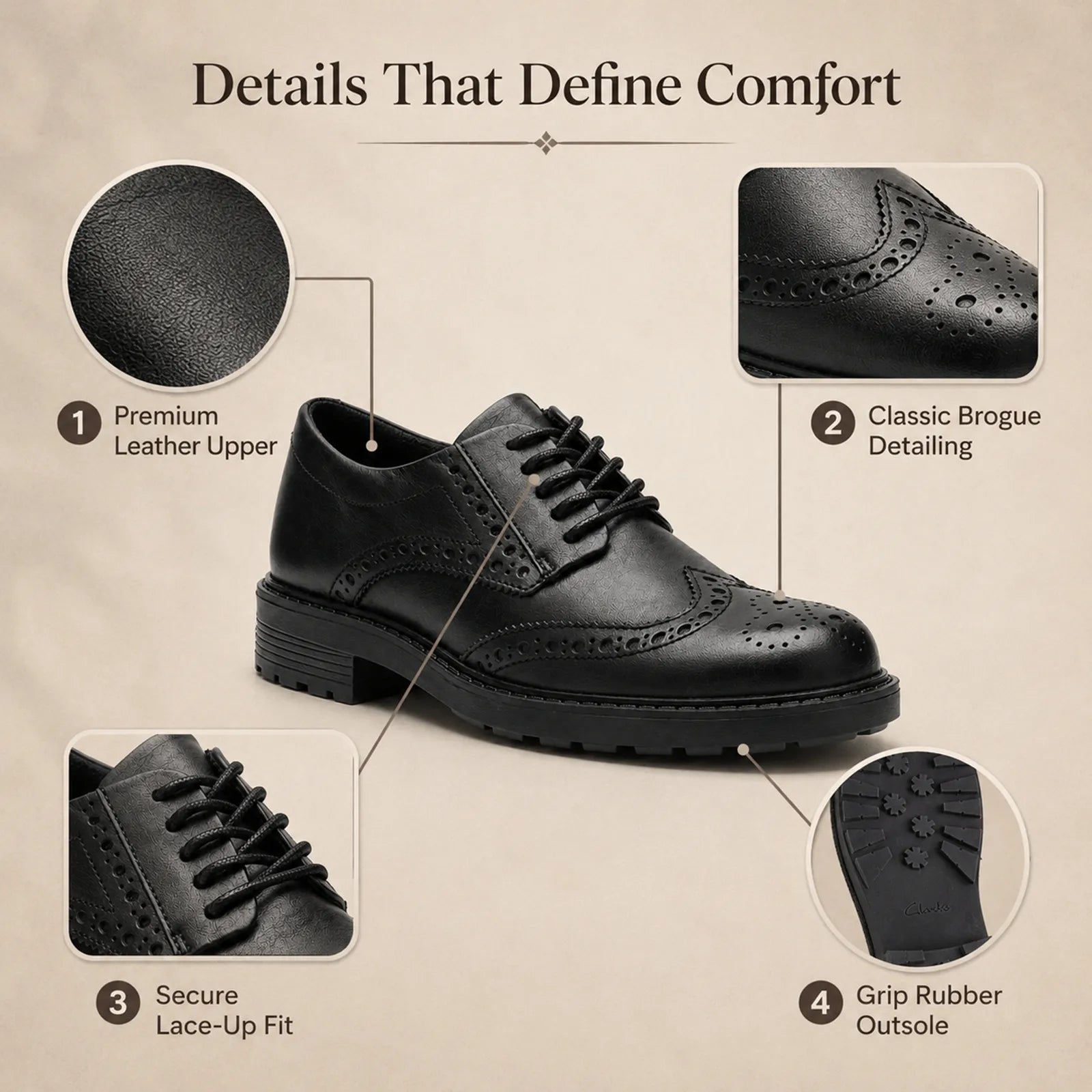 Black leather brogue lace-up shoes with perforations, lace-up detail, and rubber outsole.