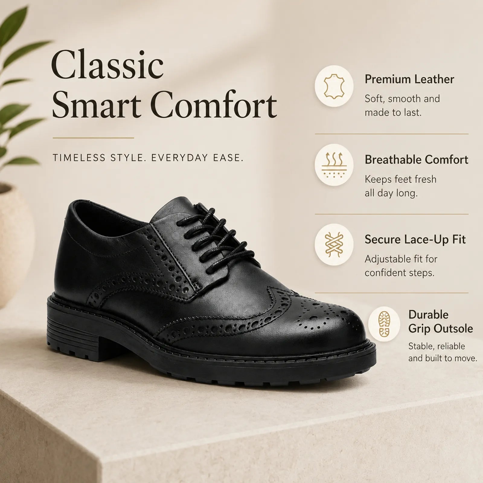 Black leather brogue lace-up shoes, side view with comfort cushioning design.