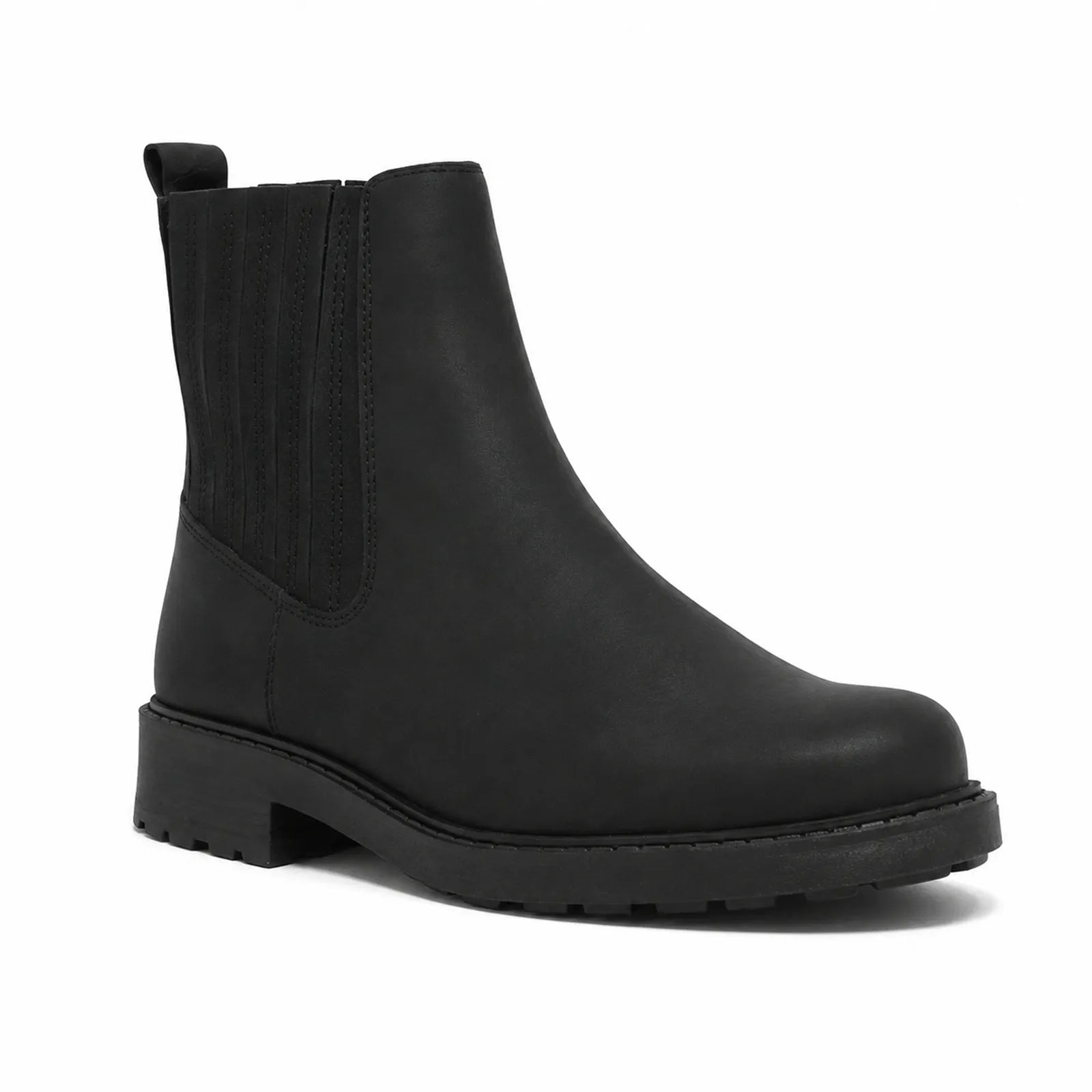 Black leather mid Chelsea boots with elastic gore panels and chunky tread sole