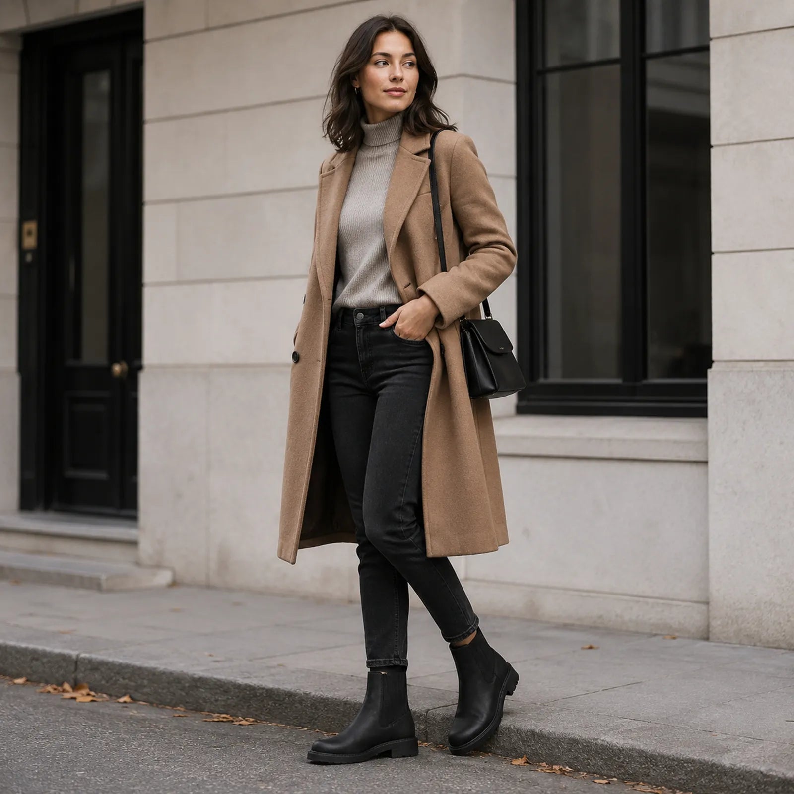 Brown leather mid boots with chunky black sole worn with dark jeans