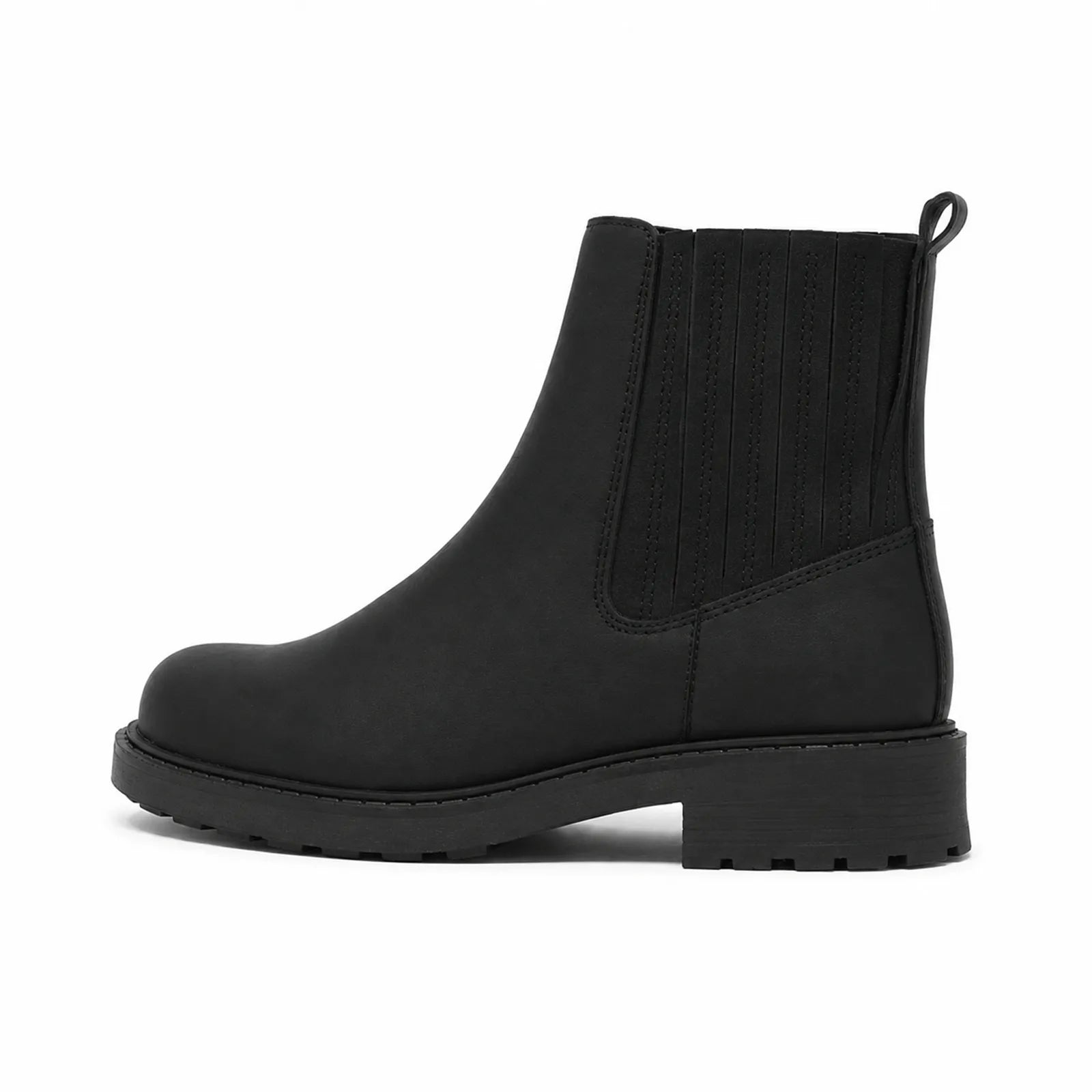 Black leather mid Chelsea boots with side elastic panels and rubber tread sole