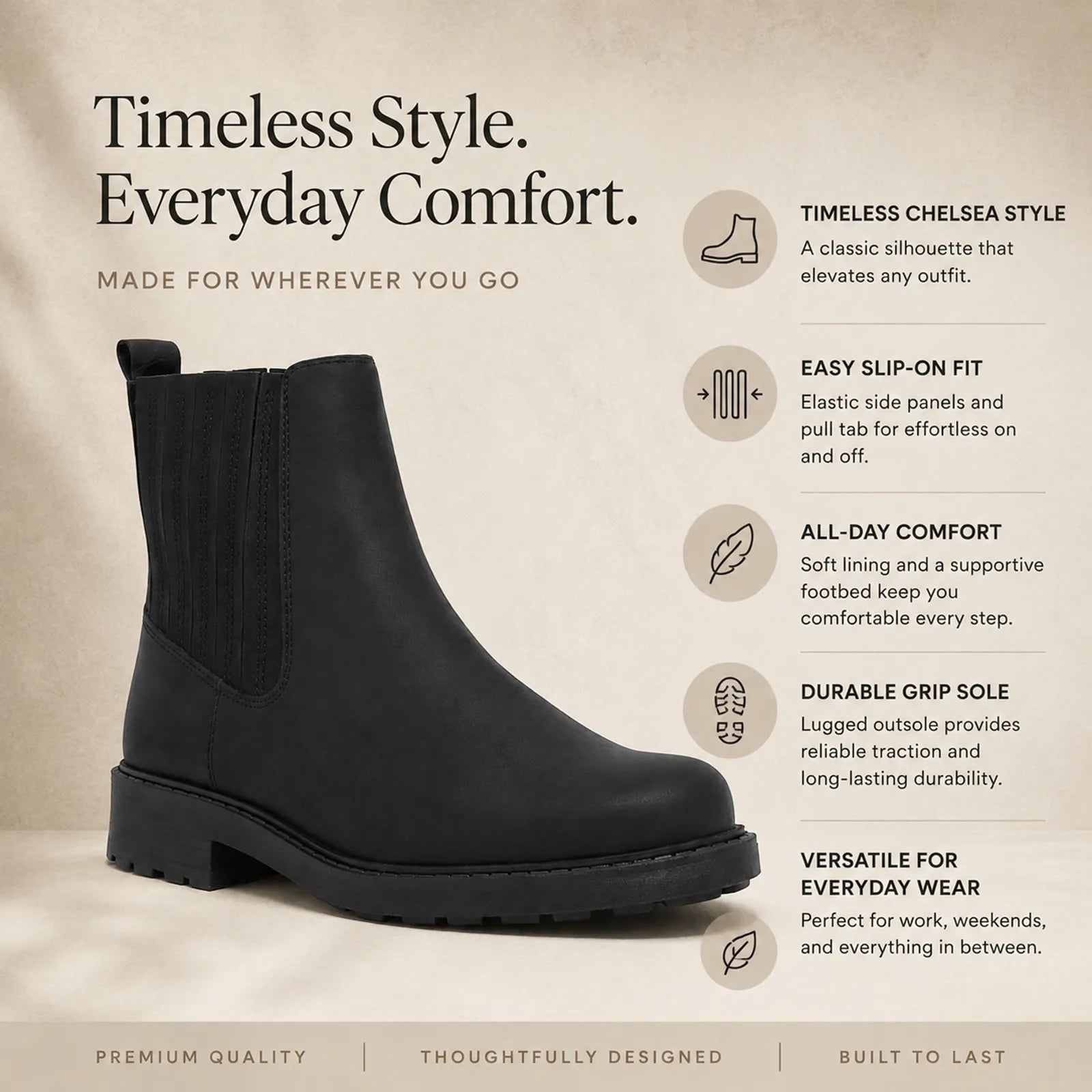 Mid women’s Chelsea boots with elastic gore panels and thick tread outsole
