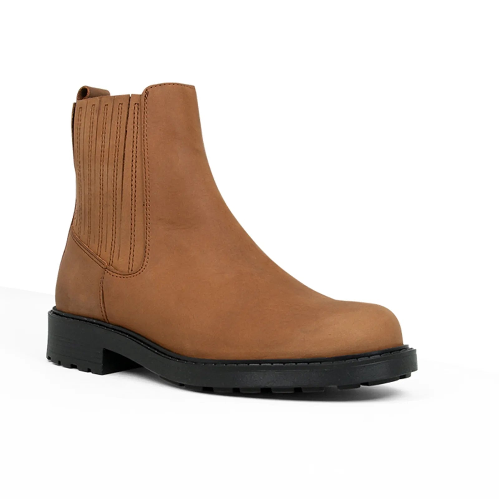 Brown leather mid boots with side gore panels and low black tread sole