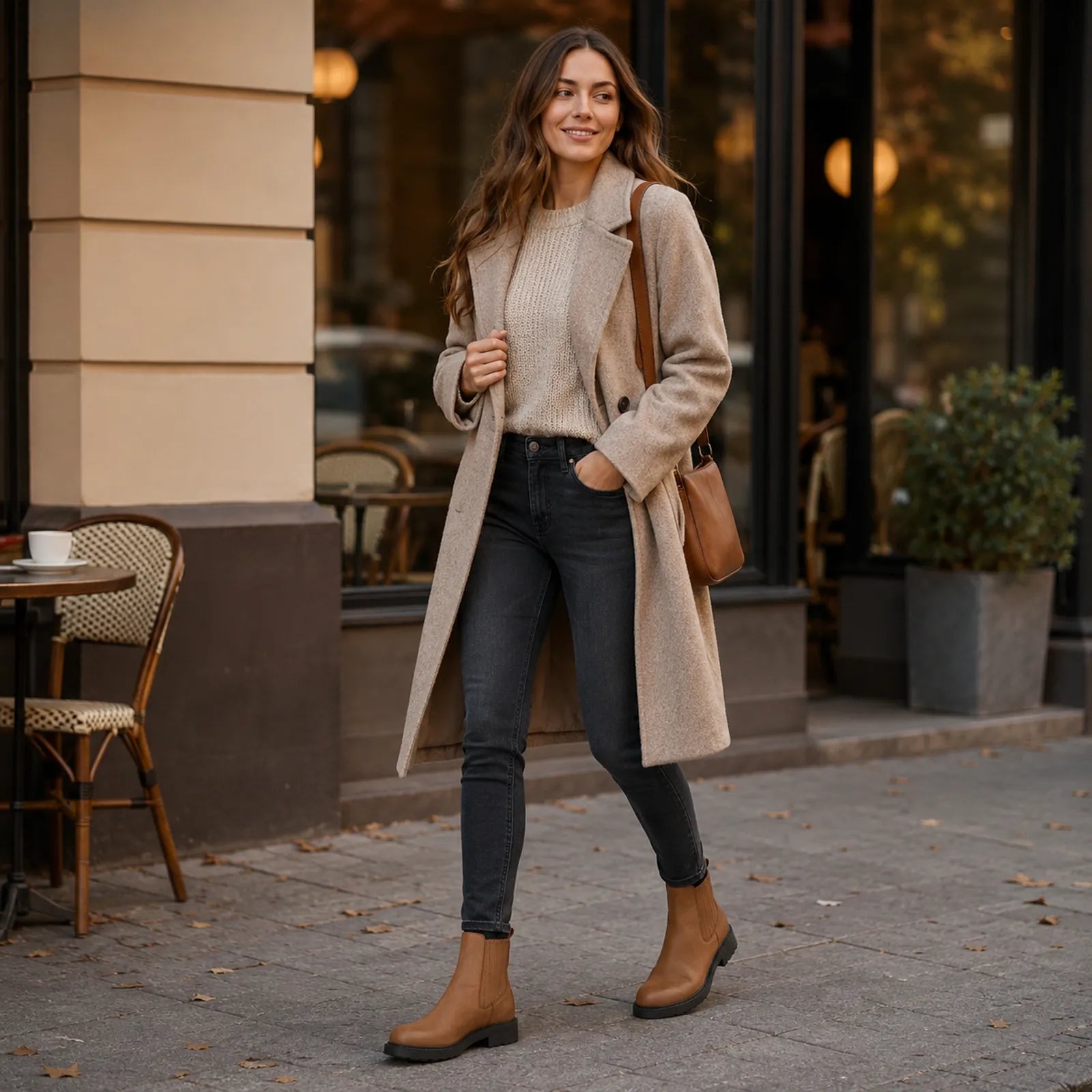 Brown leather mid boots worn with jeans, showing low black tread sole