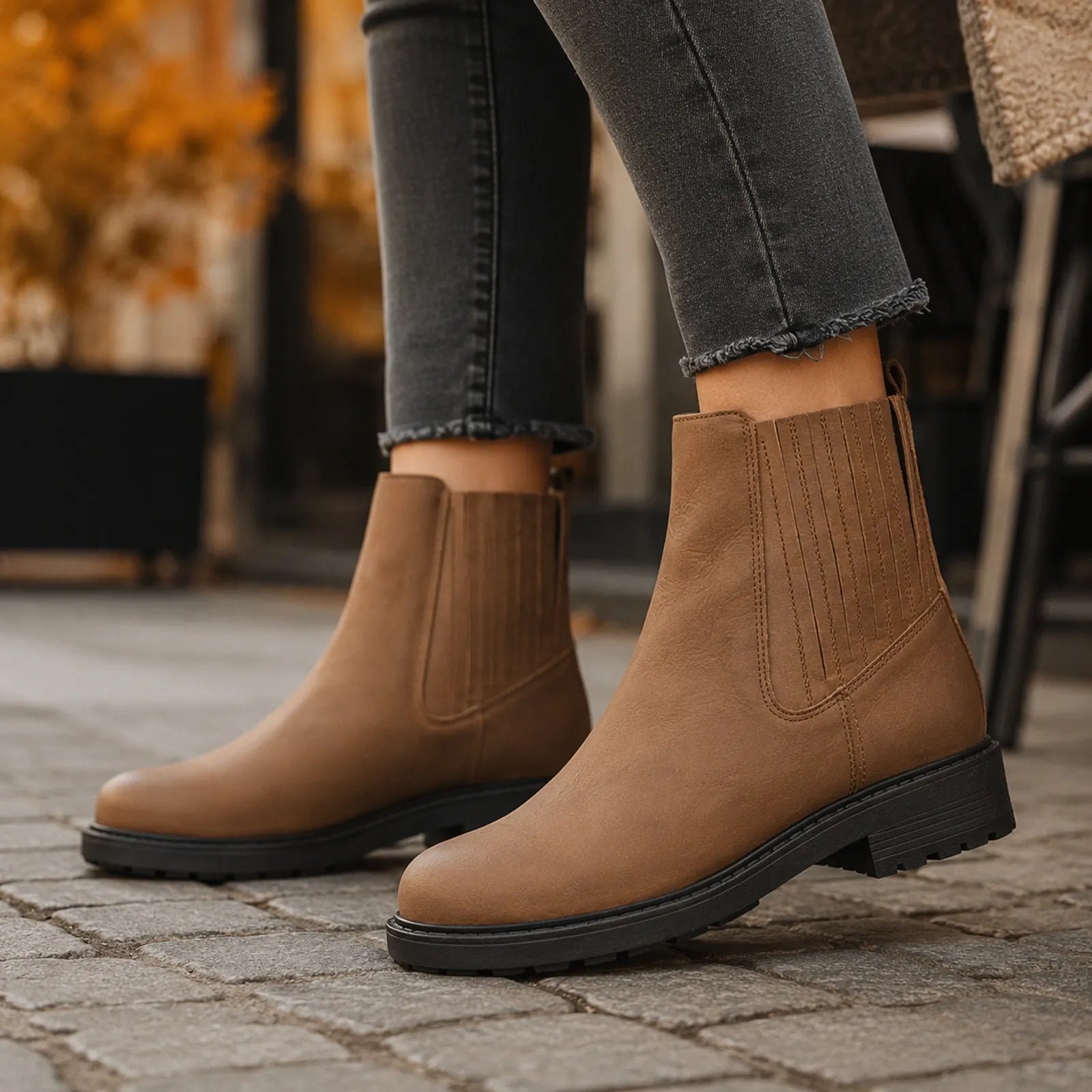 Brown leather Chelsea-style mid boots with elastic gore panels and chunky sole