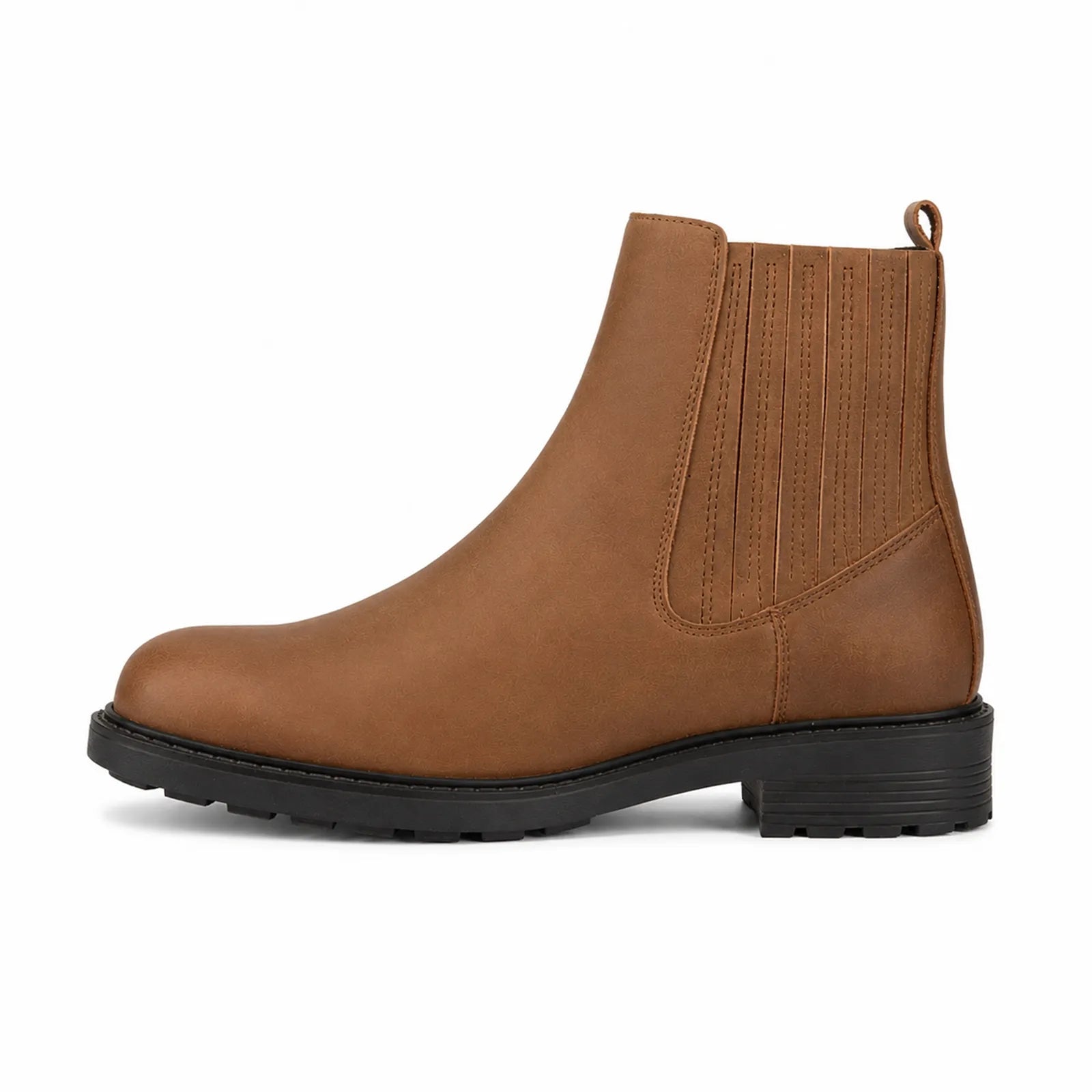 Brown leather mid Chelsea boots with pull-on tabs and black rubber sole