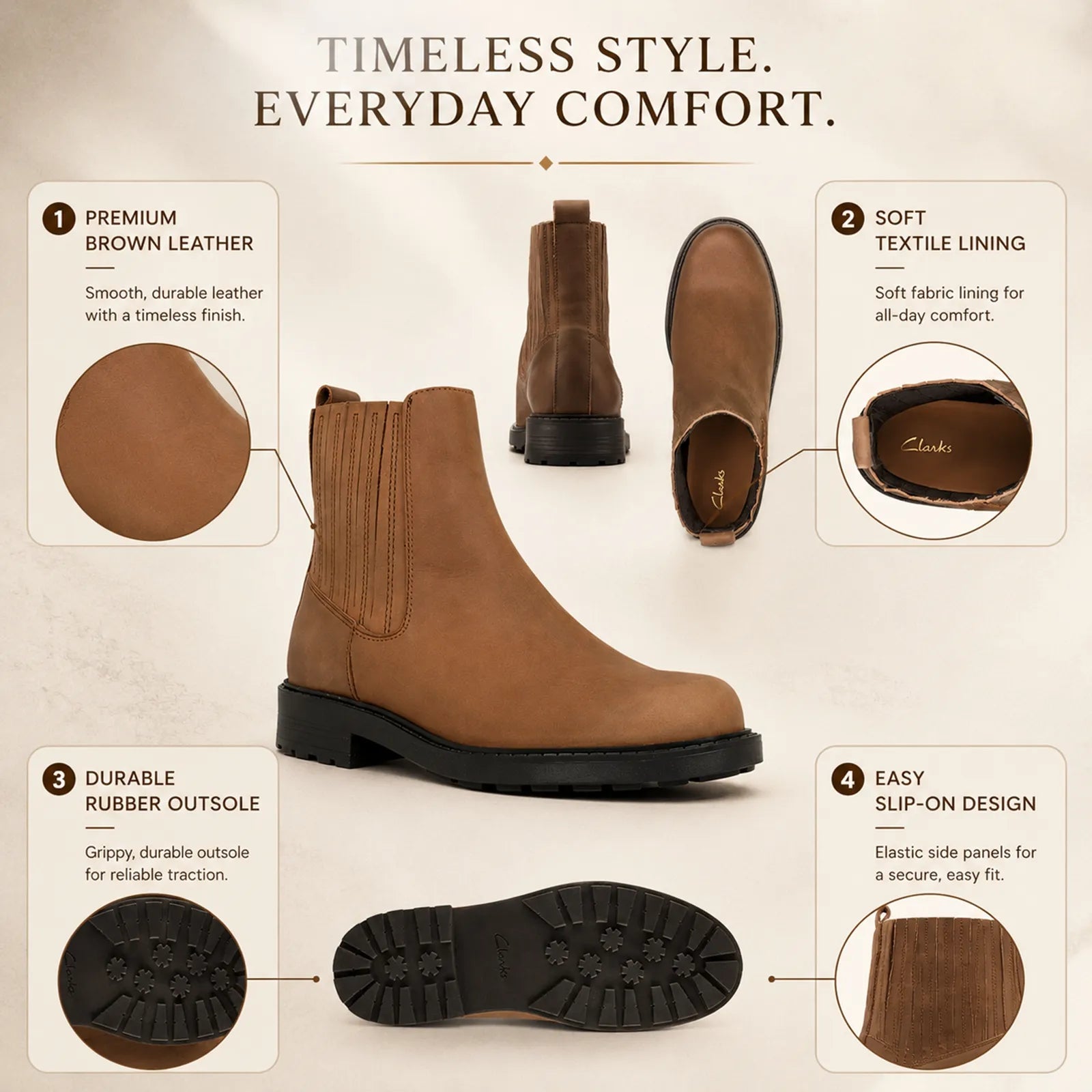Brown leather mid boots with elastic gore panels and durable rubber outsole