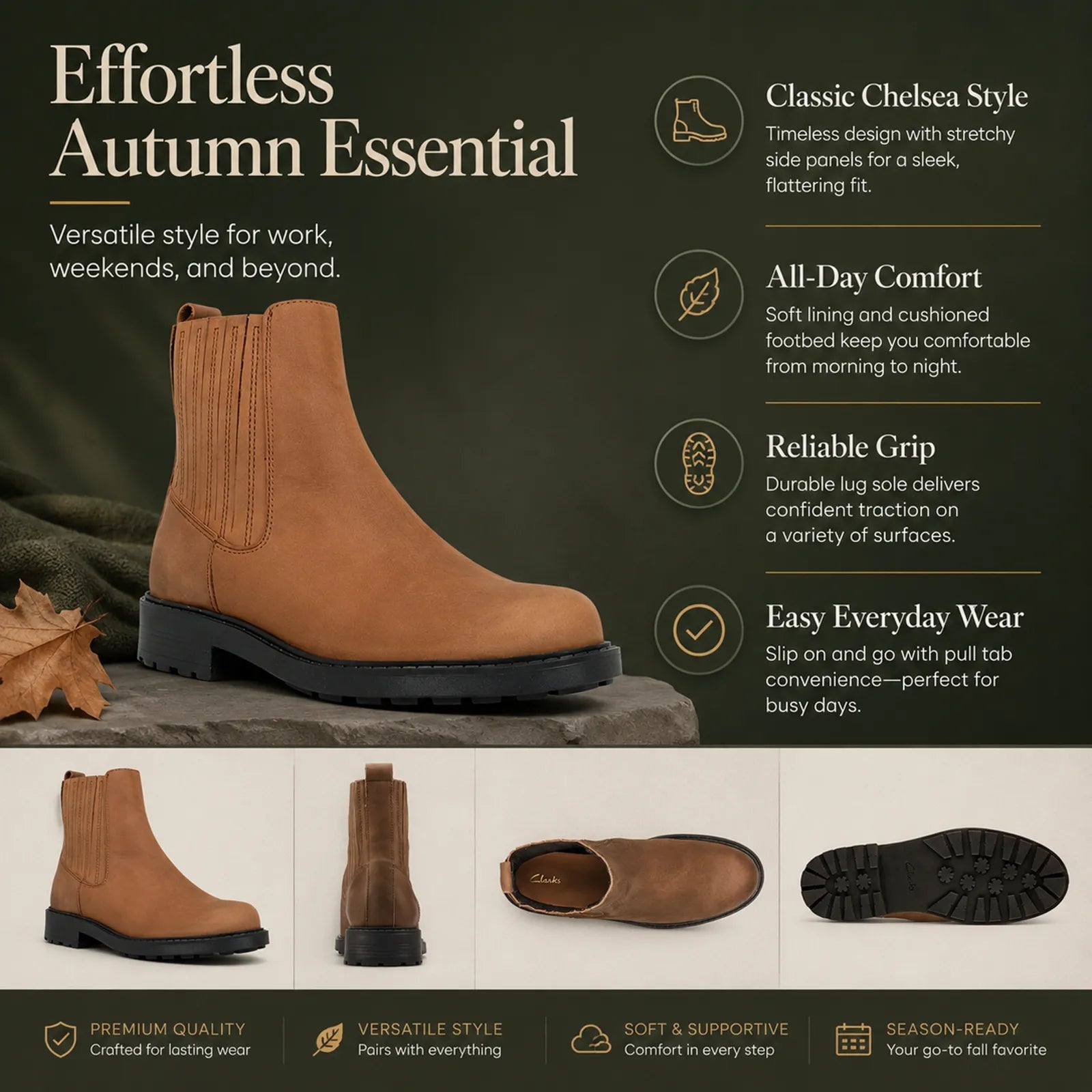 Brown leather mid boots shown with sole and heel detail views