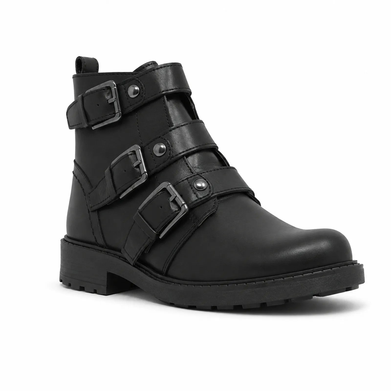 Black leather ankle boots with two buckle straps and metal stud details