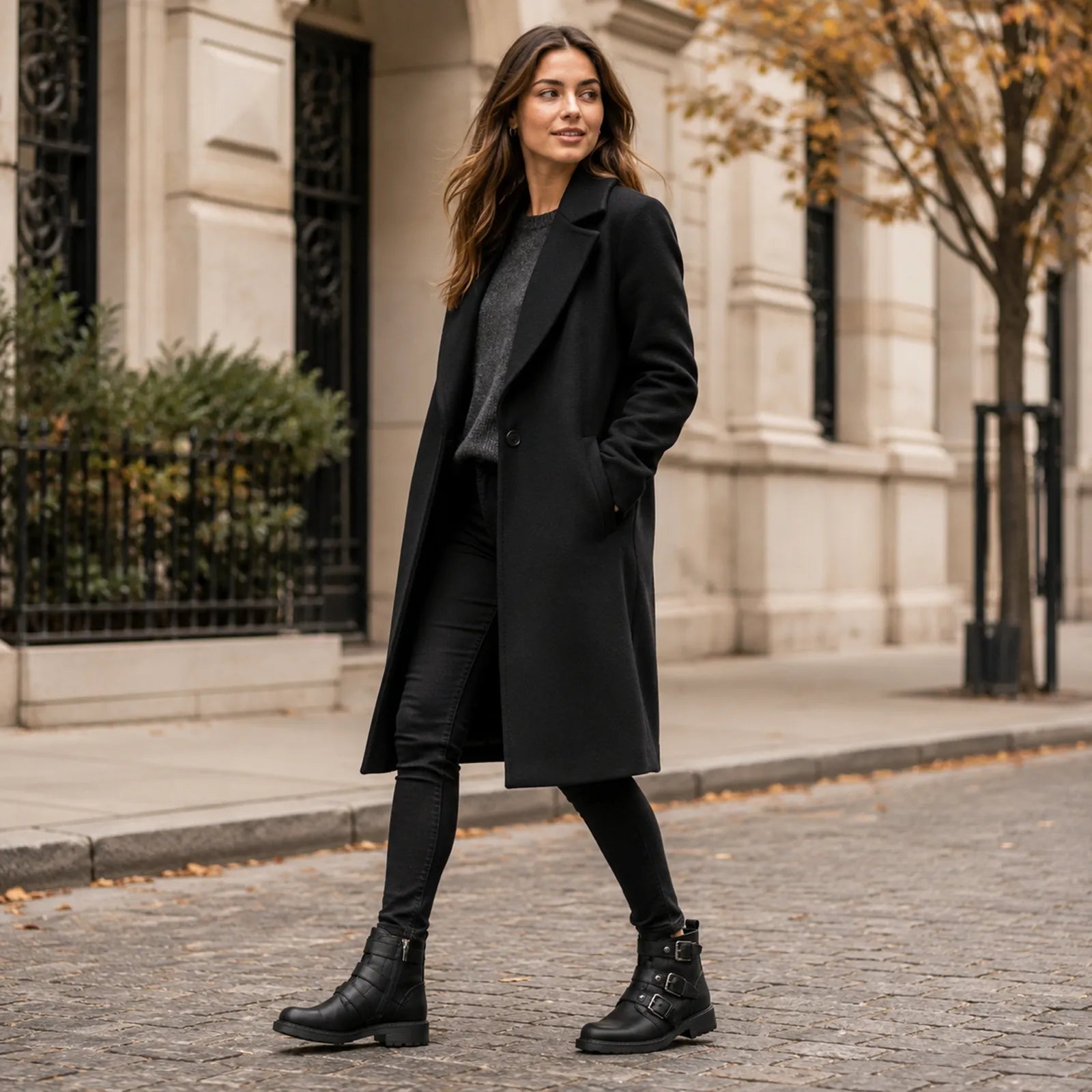 Black leather ankle boots with multiple buckles and chunky treaded sole