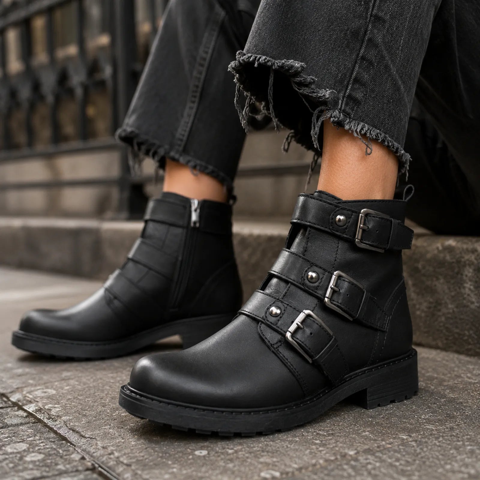 Black leather ankle boots with buckle straps and block heel on pavement