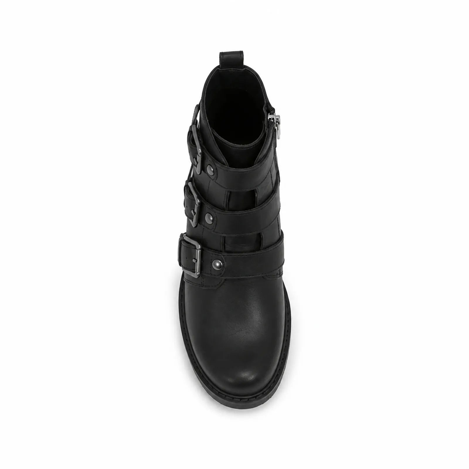 Black leather ankle boot with side buckles and pull-on loop