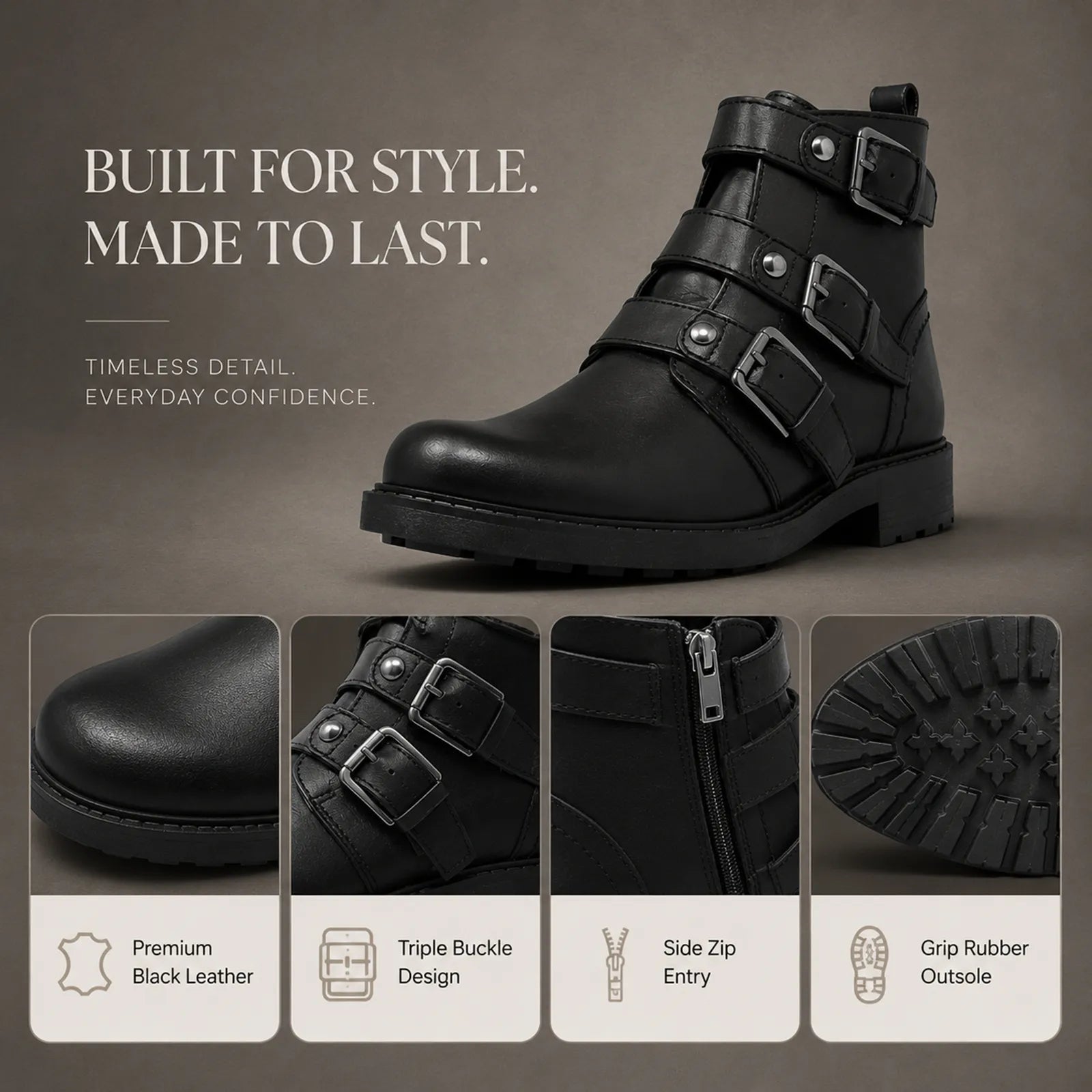 Black leather ankle boots with triple buckle design, side zip entry, grippy outsole