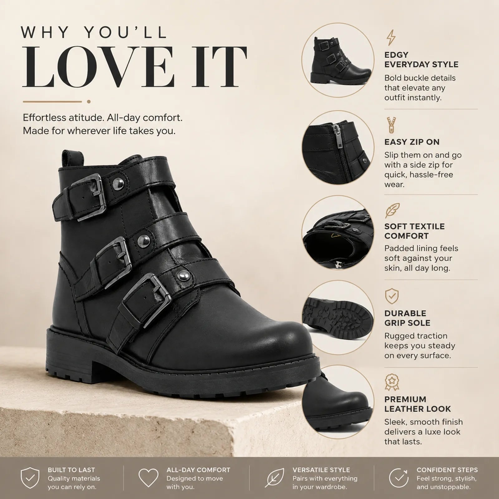 Black leather studded ankle boots with buckles and rugged sole