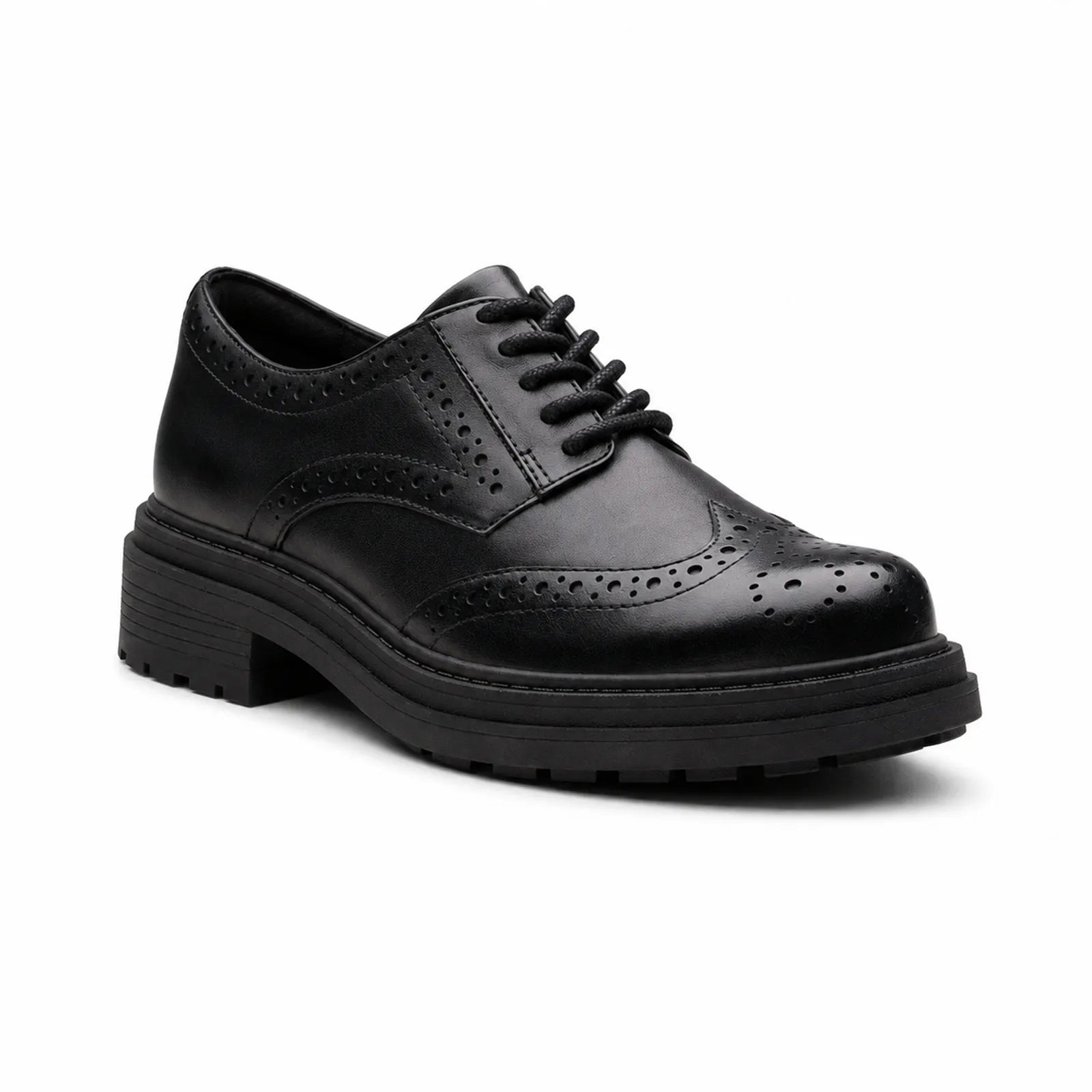 Black leather lace-up derby shoe with brogue detailing and thick cushioned sole