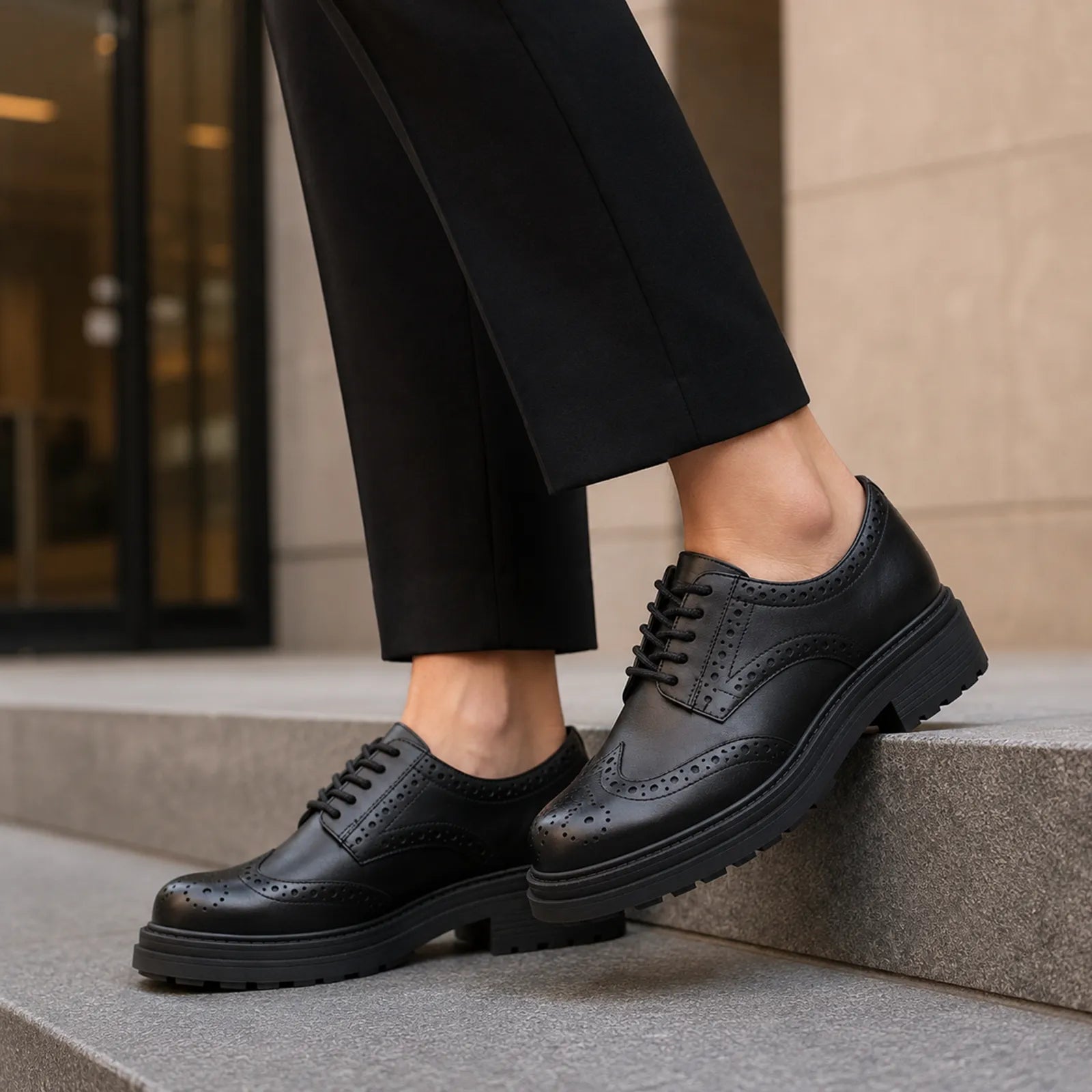 Close view of black leather lace-up derby shoes with brogue perforations and thick sole