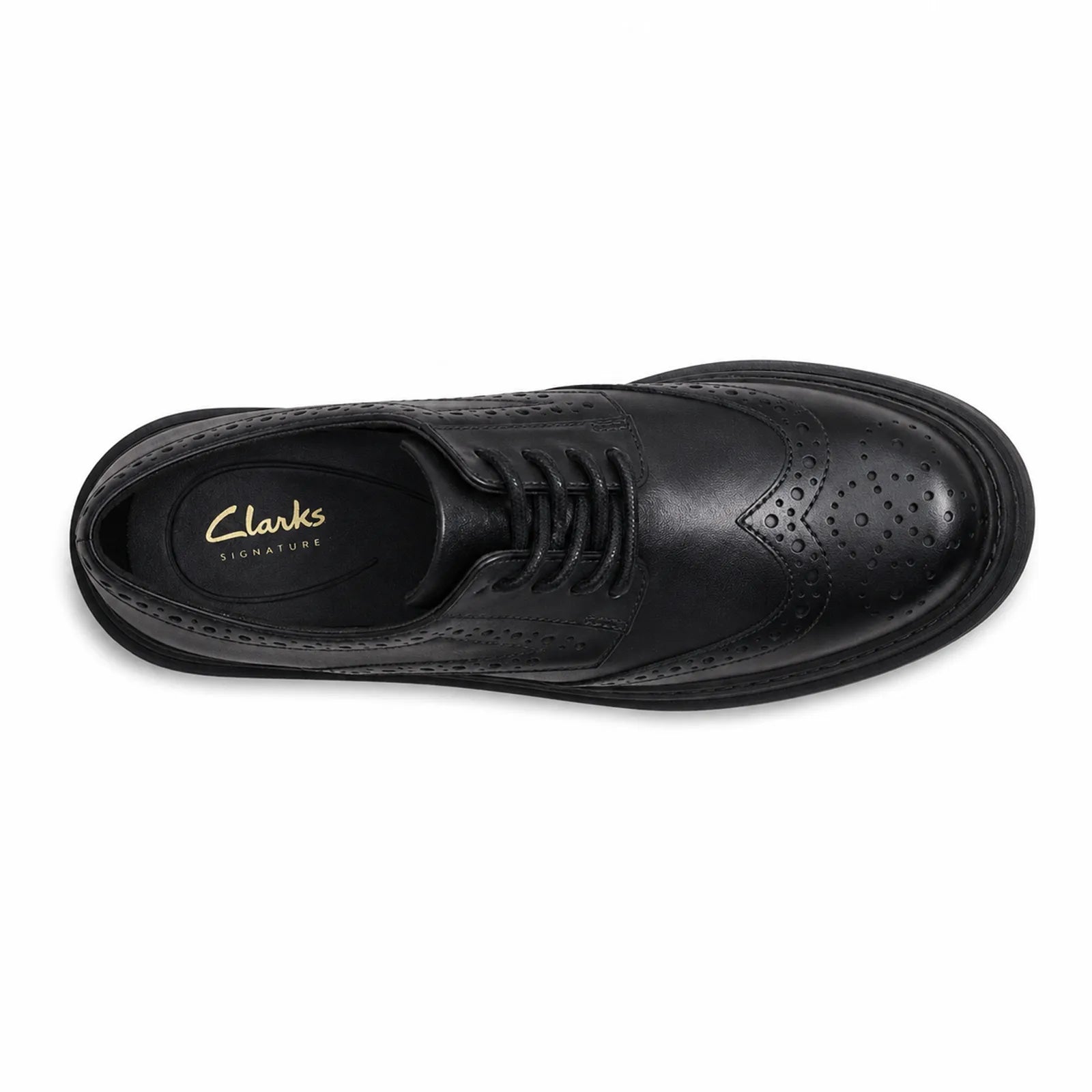 Black leather lace-up derby shoe with brogue perforations and Clarks logo insole