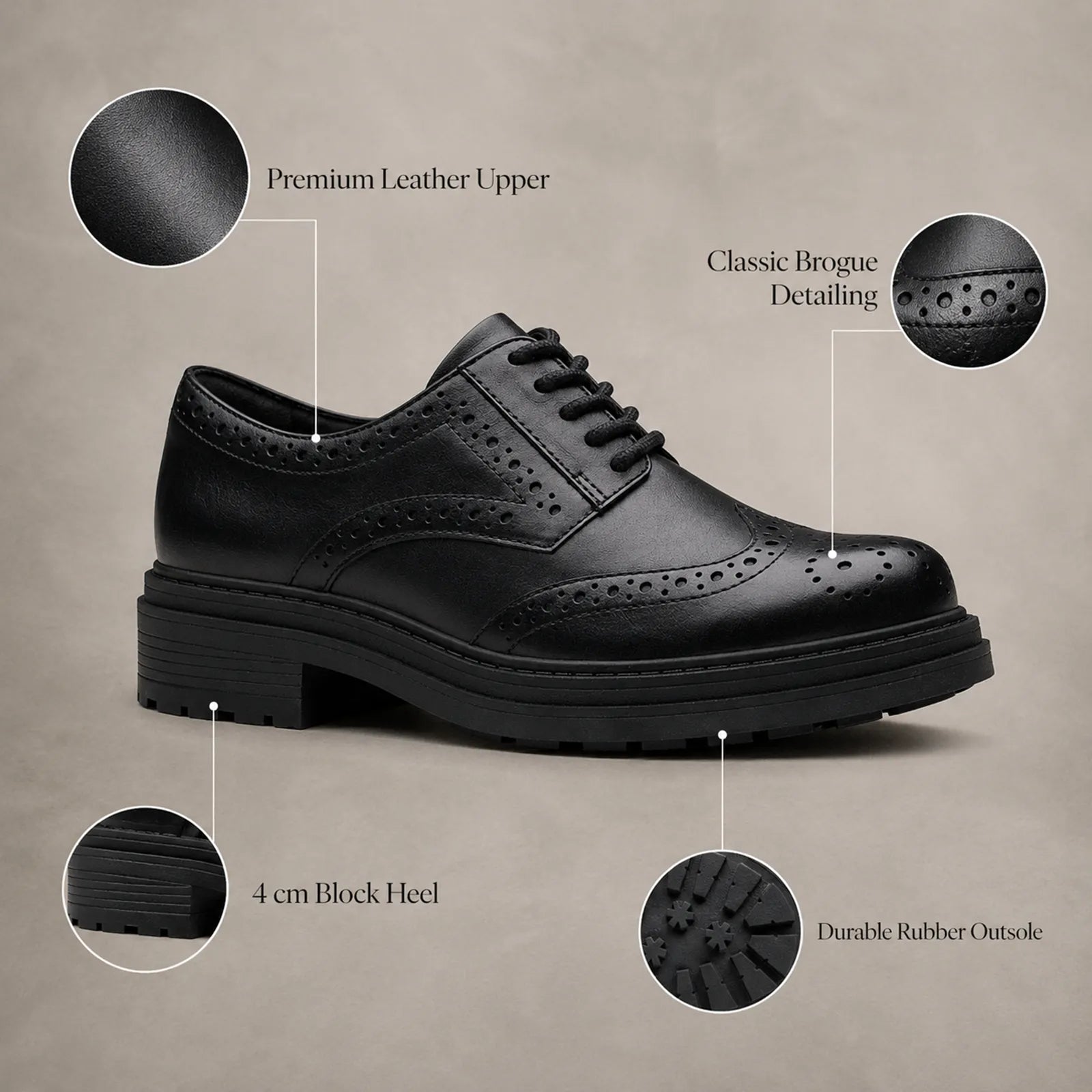 Black leather derby shoe with brogue detailing, lace-up front, and chunky block heel