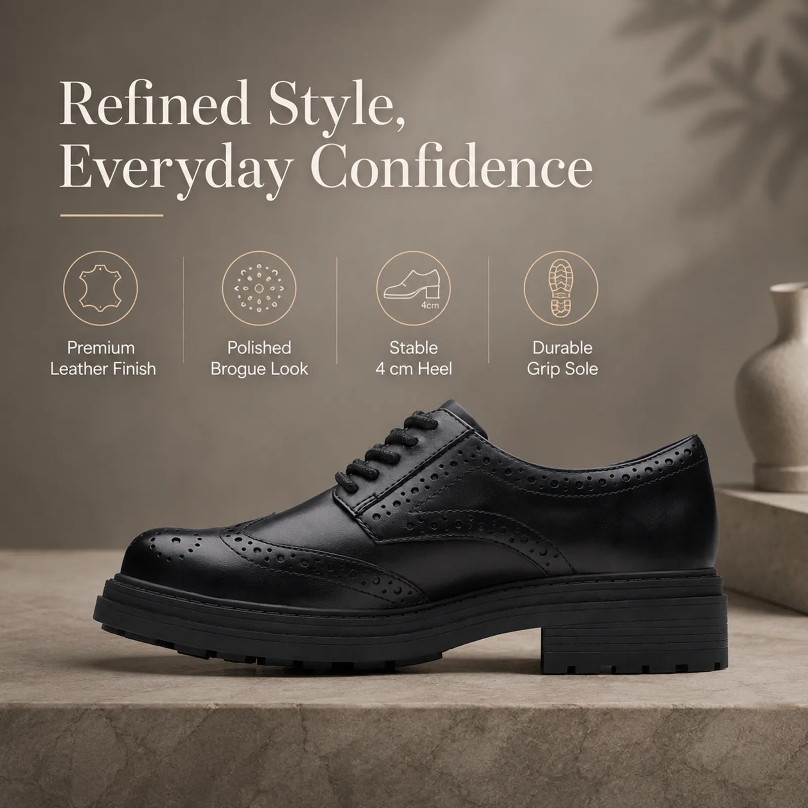 Women's black leather derby business shoe, lace-up, brogue-style stitching, low block heel