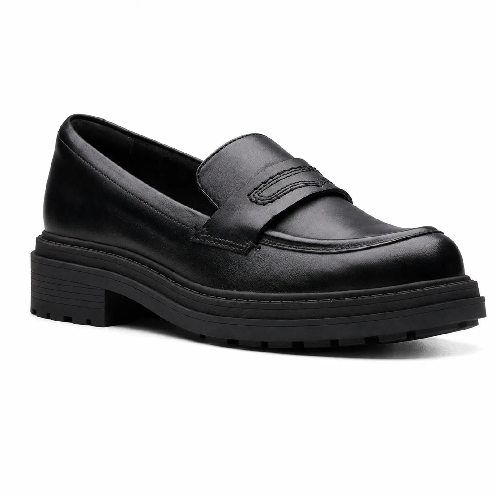 Black leather slip-on business shoe with penny strap and thick sole
