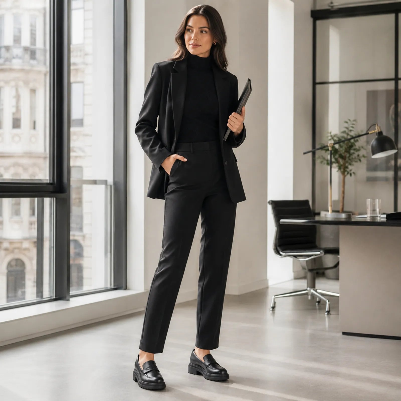 Women’s black leather slip-on business shoes worn with tailored suit trousers