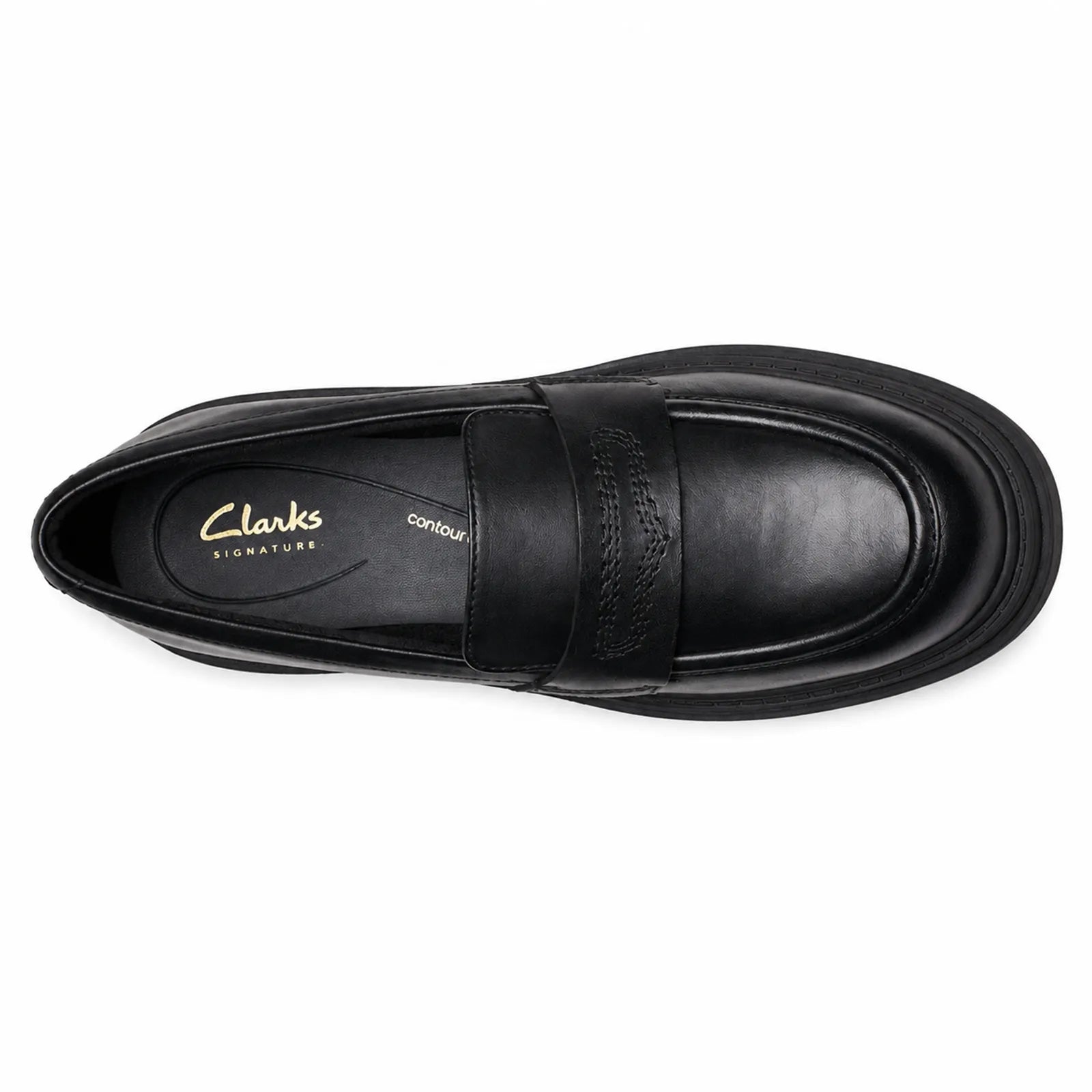 Black leather slip-on business shoe with penny strap and Clarks logo