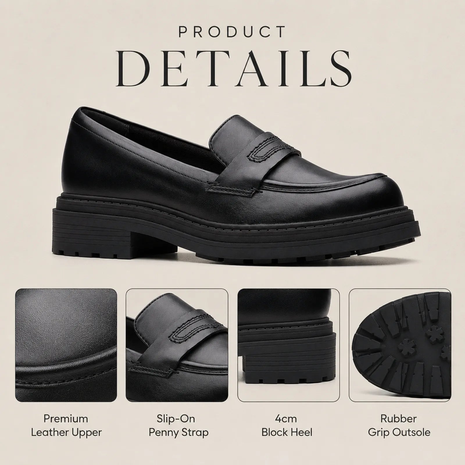 Black leather slip-on business shoe detail views: penny strap, block heel, grip outsole